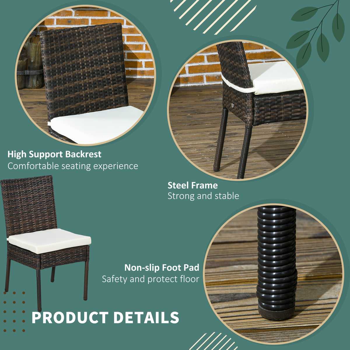 4 PE Rattan Outdoor Dining Chairs with Cushions, Patio Wicker Dining Chairs with Backrest, Brown