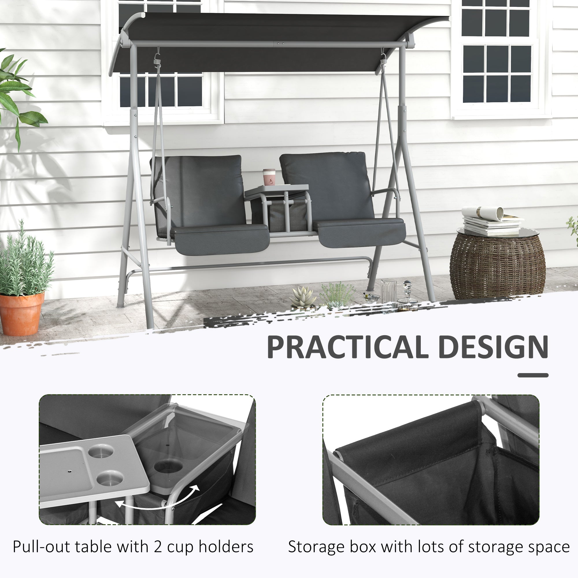 2-Seater Outdoor Porch Swing with Canopy and Table, Patio Swing Chair for Garden, Poolside, Backyard, Gray