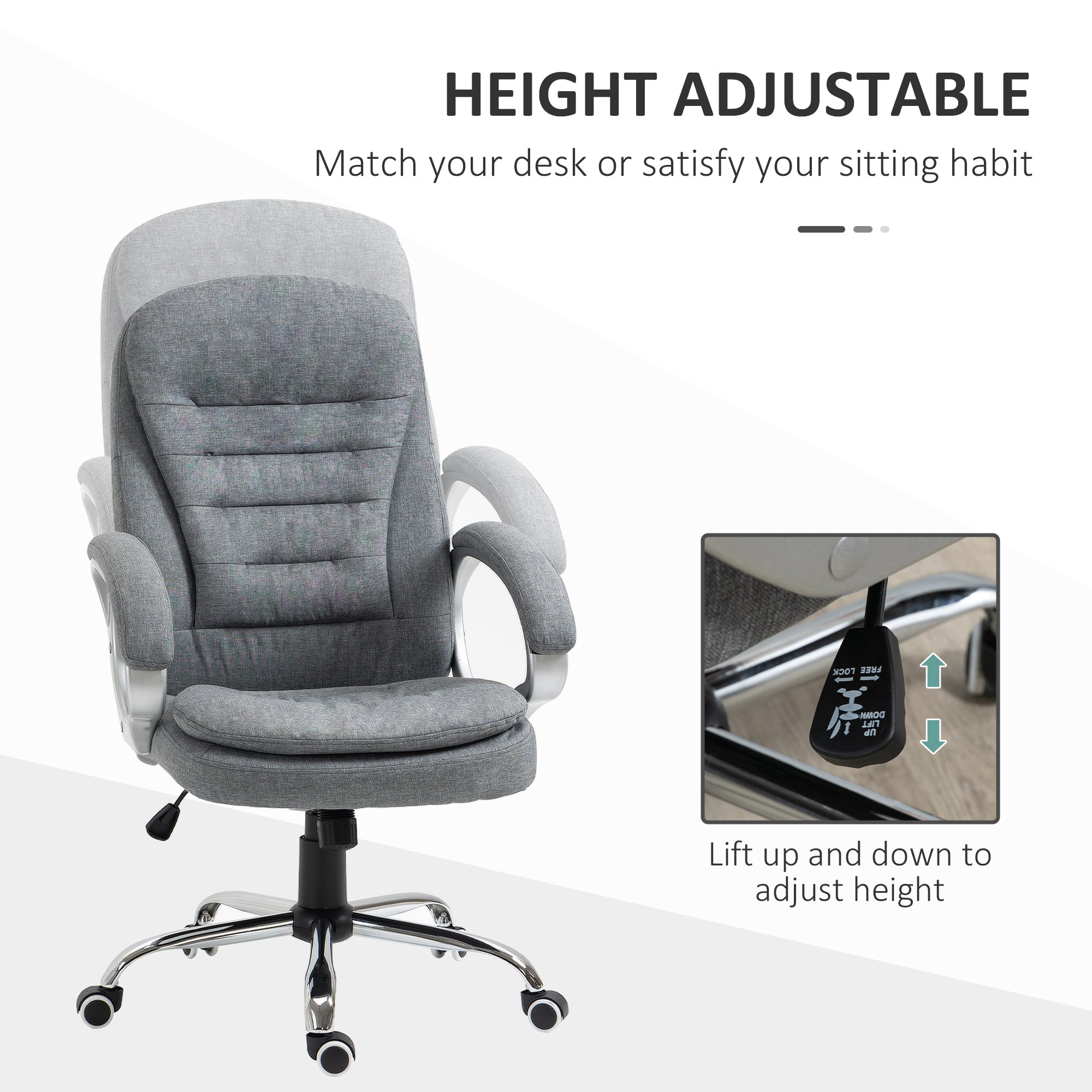 High Back Home Office Chair Executive Computer Chair with Adjustable Height, Upholstered Thick Padding Headrest and Armrest - Grey