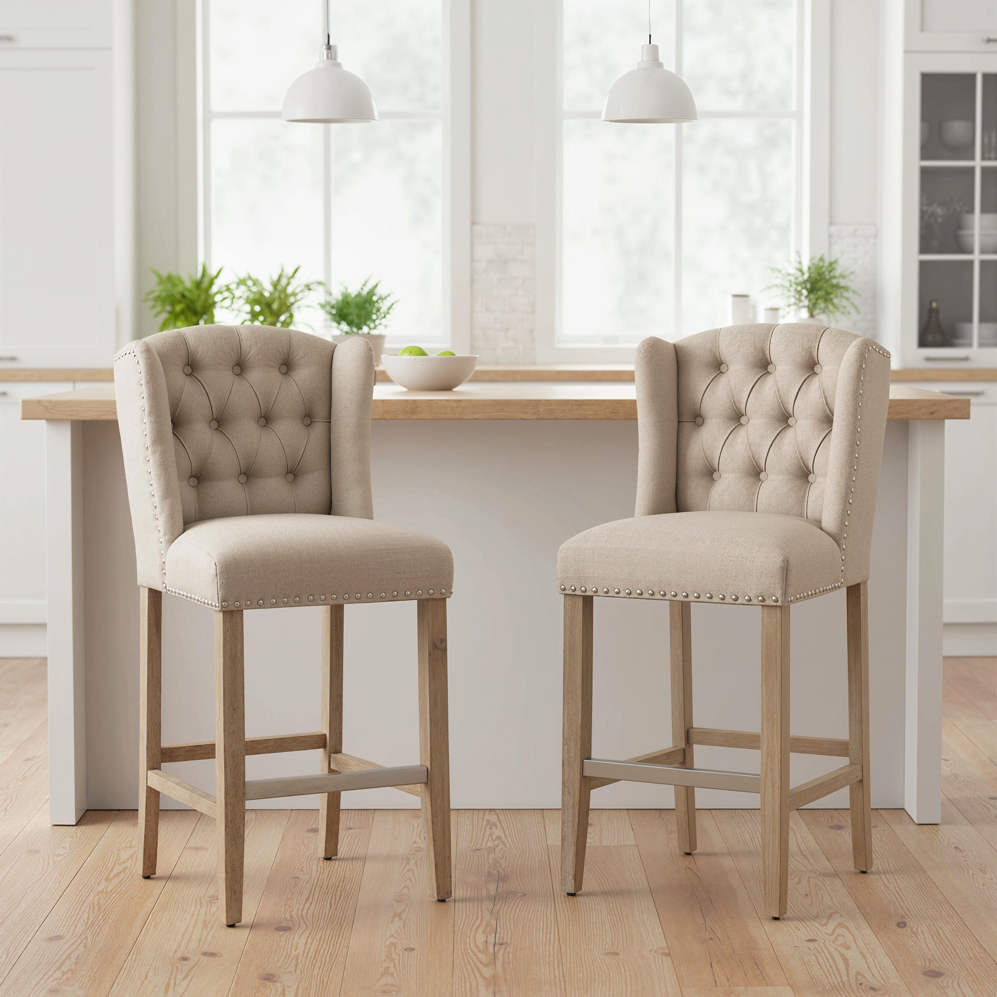 Counter Height Bar Stools Set of 2, 27" Seat Height Upholstered Barstools, Farmhouse Kitchen Island Stools with Nailhead-Trim, Tufted Back and Wooden Legs, Beige
