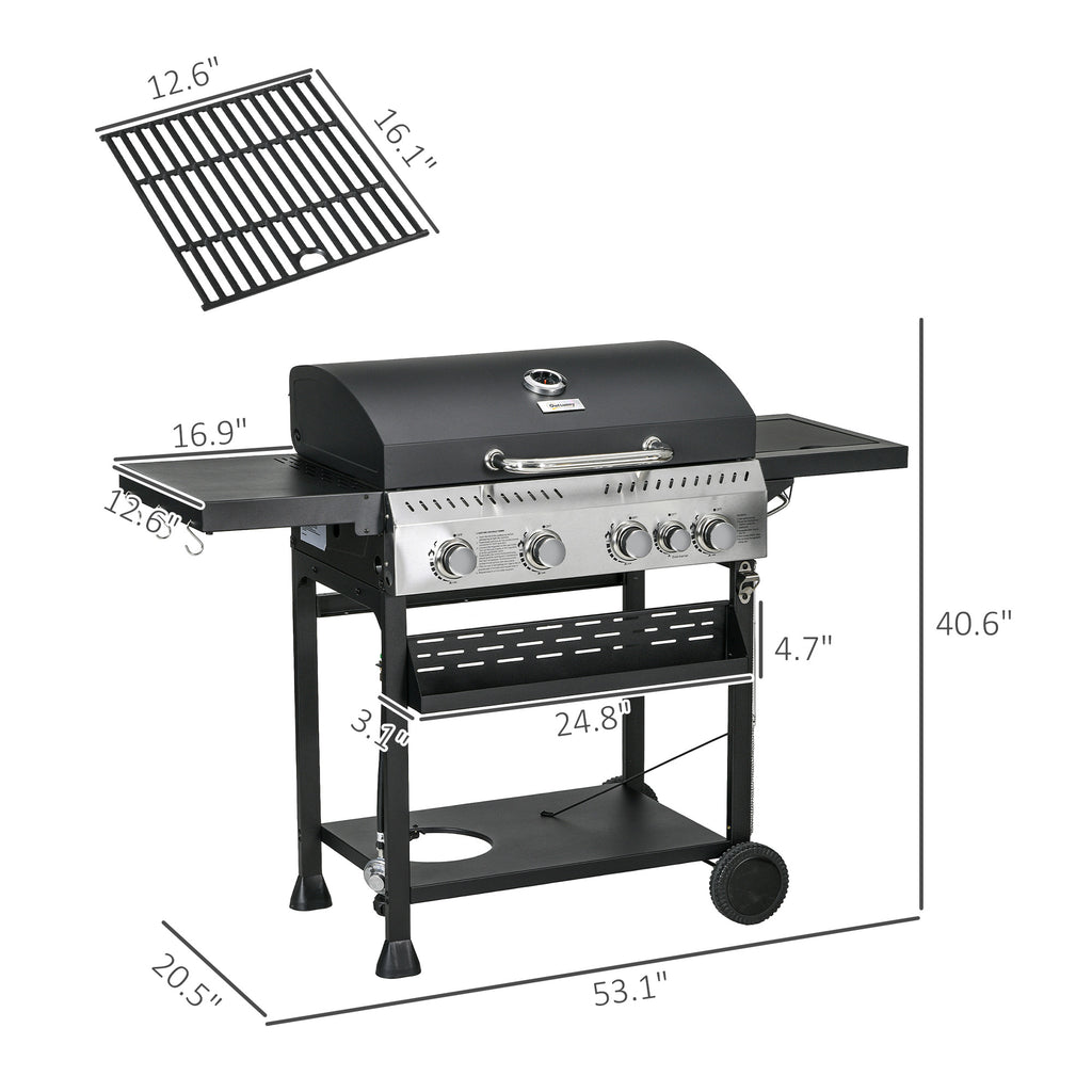 4 Burner Propane Gas Grill with Side Burner, 40,000 BTU Outdoor Barbeque with Shelves, Thermometer, Bottle Opener, Black