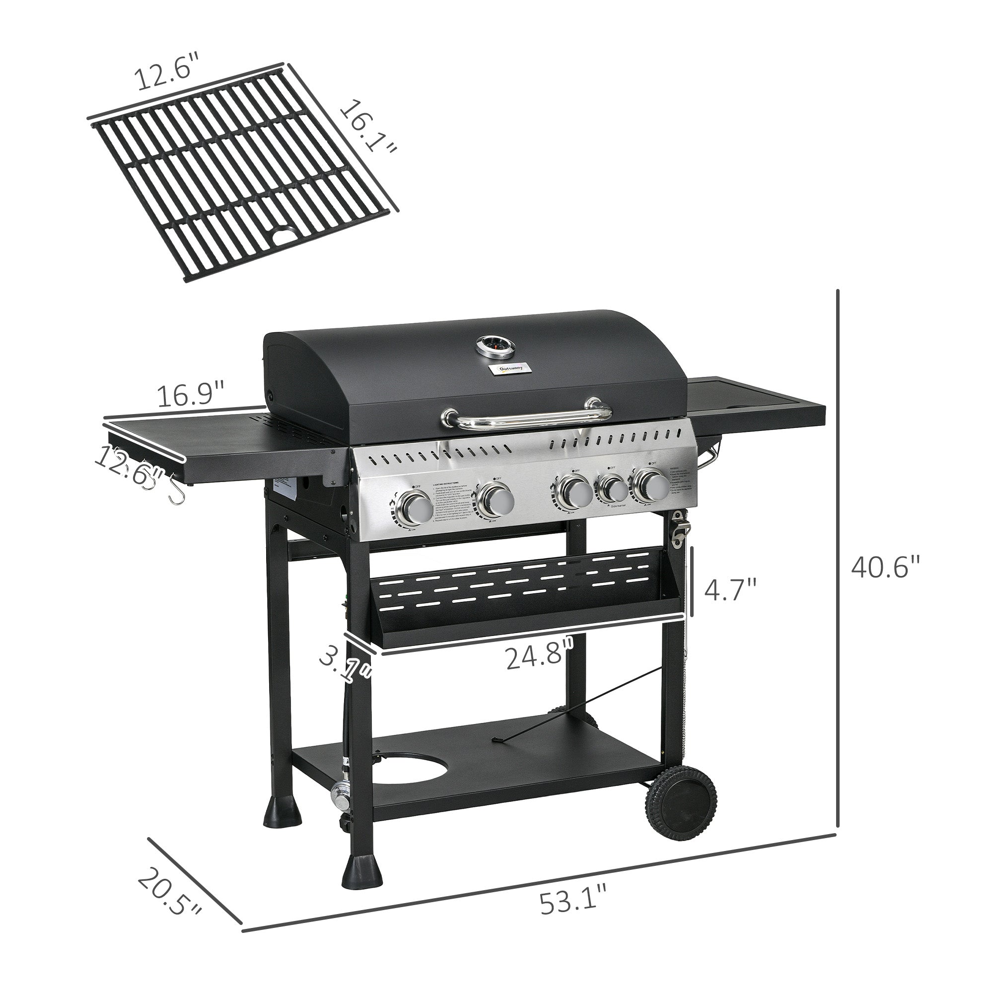 4 Burner Propane Gas Grill with Side Burner, 40,000 BTU Outdoor Barbeque with Shelves, Thermometer, Bottle Opener, Black