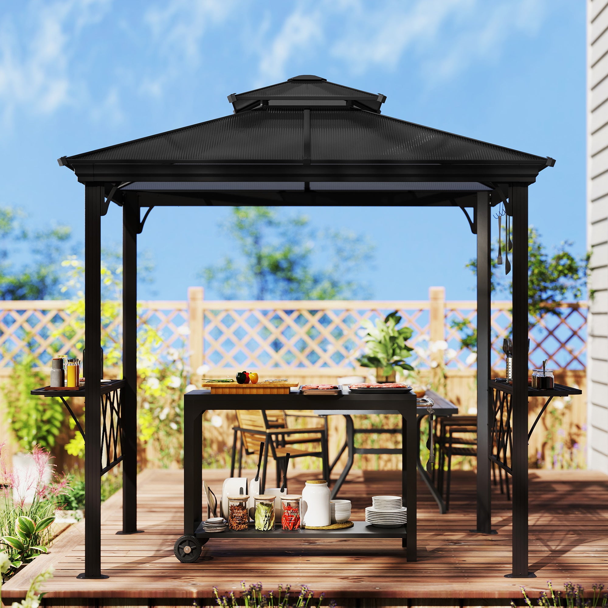 Outside Porch BBQ Cooking Pergola Canopy with 6 Hooks for Utensils and Double Venting Roof, Coffee