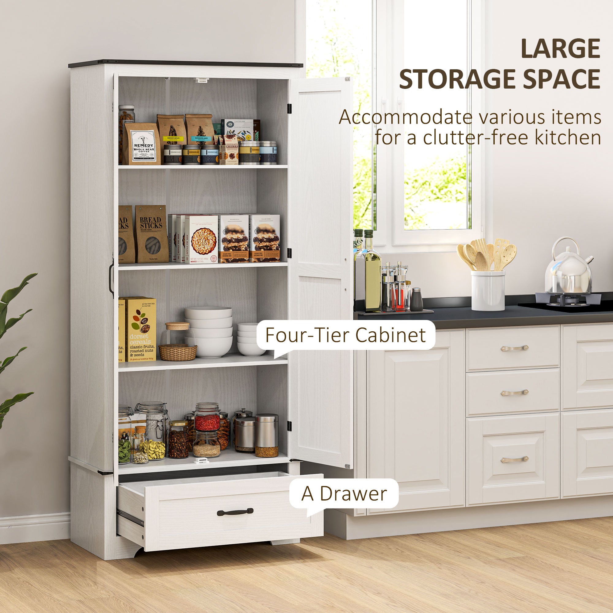72" Farmhouse Pantry Cabinet with Adjustable Shelves, Kitchen Pantry Cabinet with 2 Doors, Distressed White