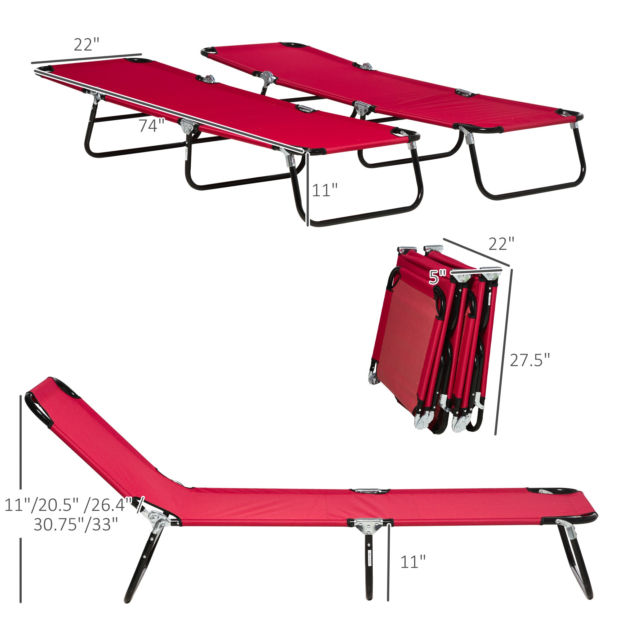 2 Piece Folding Chaise Lounge Pool Chairs, Outdoor Sun Tanning Chairs with 5-Level Reclining Back, Steel Frame for Beach, Yard, Patio, Red
