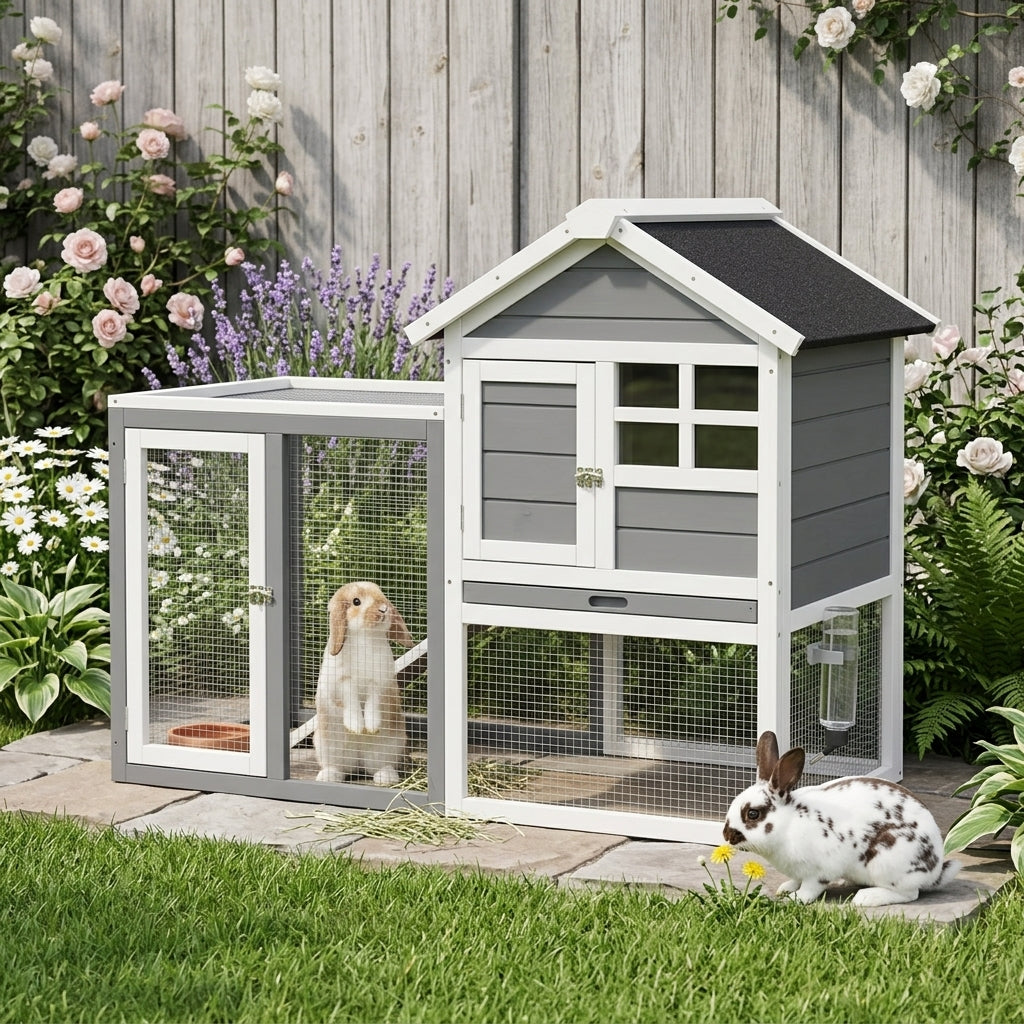 Indoor Rabbit Enclosure, 48" Weatherproof Wooden Rabbit Hutch, with Slanted Asphalt Roof & Fun Outdoor Run for Bunnies & Ferrets - Gray