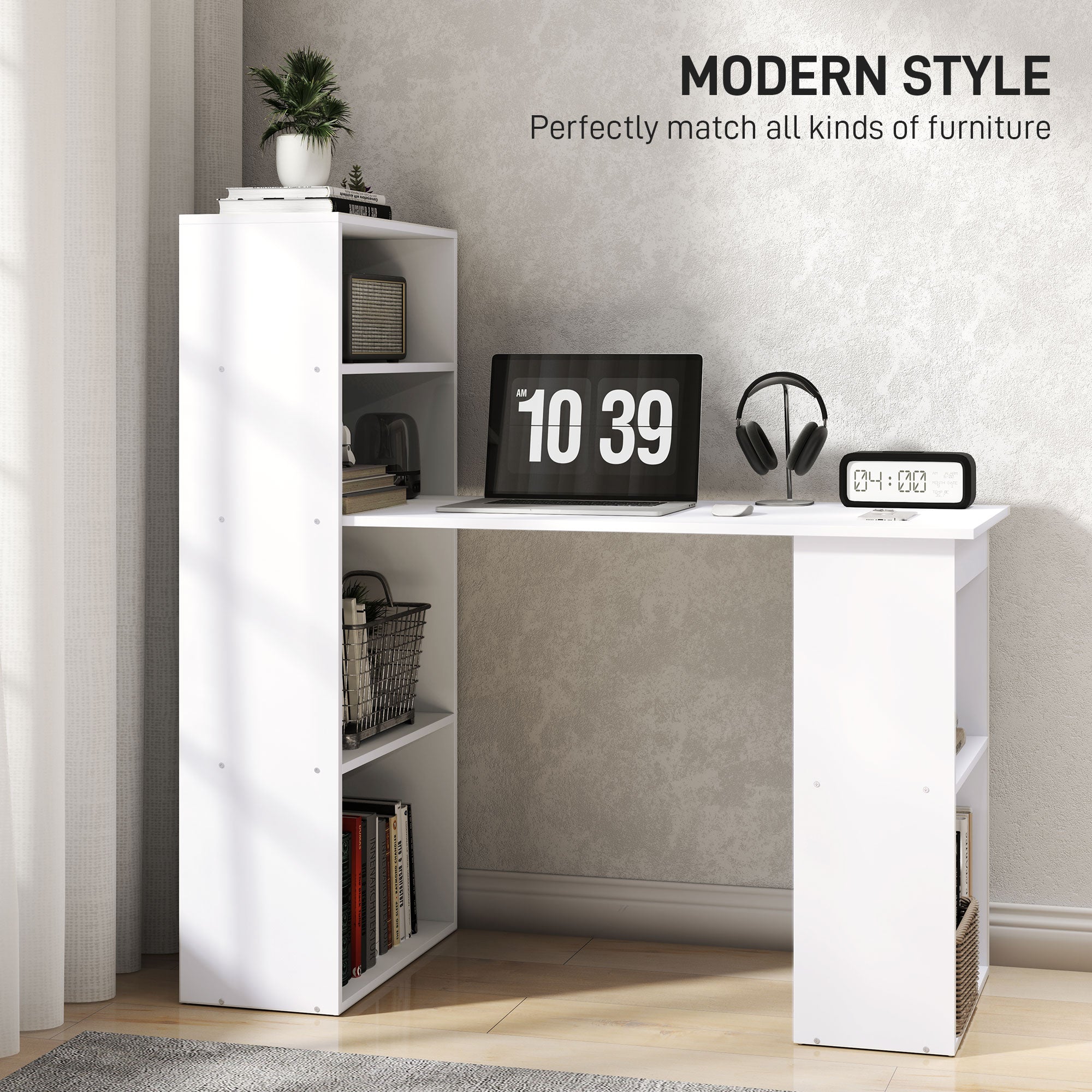 Computer Desk with 6-Tier Storage Shelves, Writing Desk Workstation with Bookshelf for Home Office, White