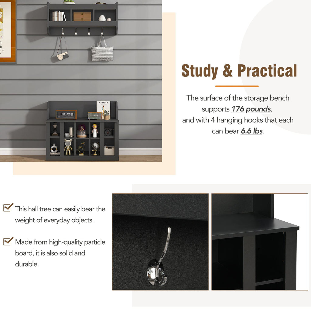 Shoe Cabinet Storage with Shelves and 4 Hooks, Elegant Hall Tree with Wall Mounted Coat Rack, Entryway Organizer for Hallway, Mudroom, Black