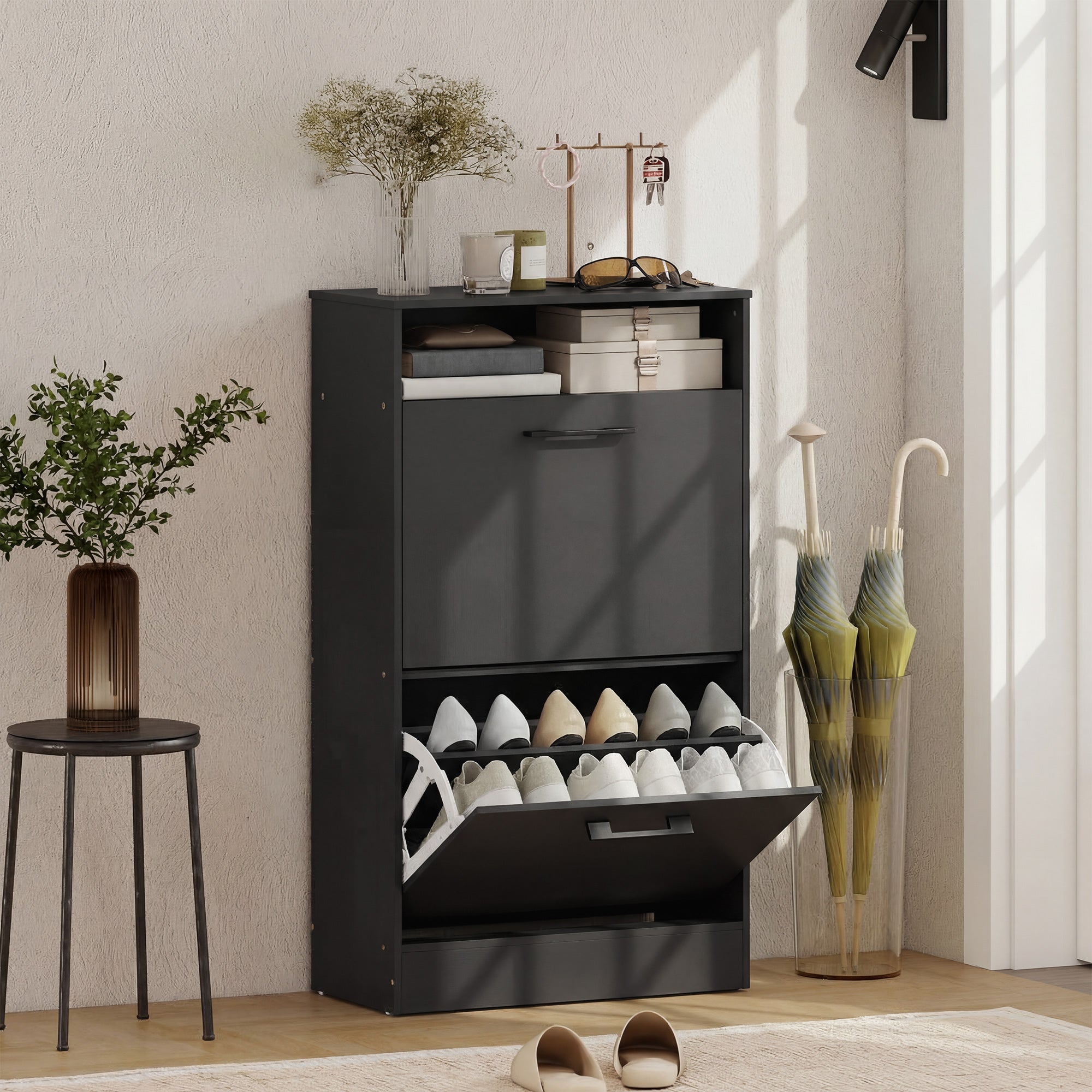 Shoe Cabinet 2 Flip Drawers Adjustable Dividers Shoe Storage Cabinet Top Shelf Entryway Black