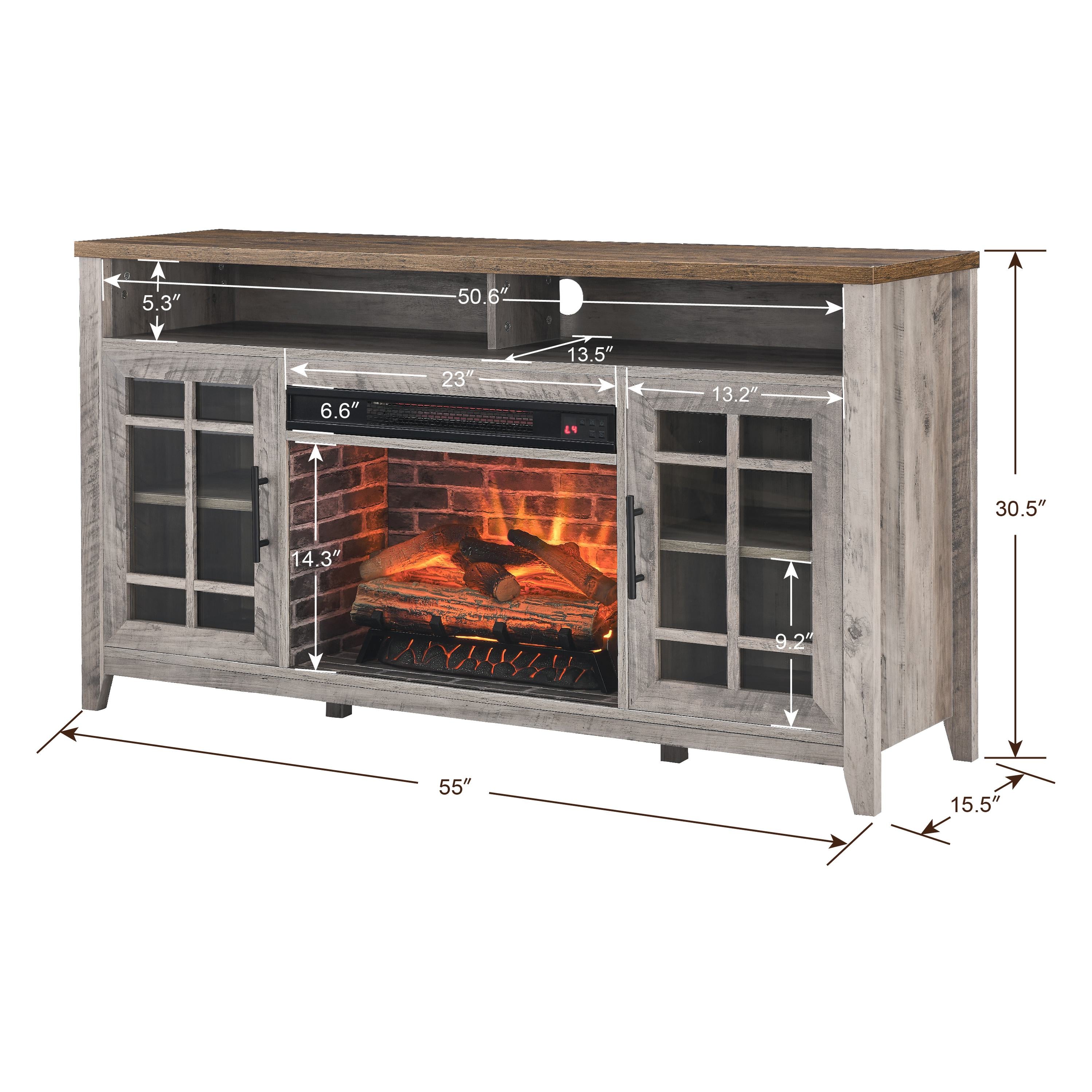 55" TV Media Stand with Electric Fireplace, Entertainment Center with Adjustable Shelves, Cable Management, Gray Wash
