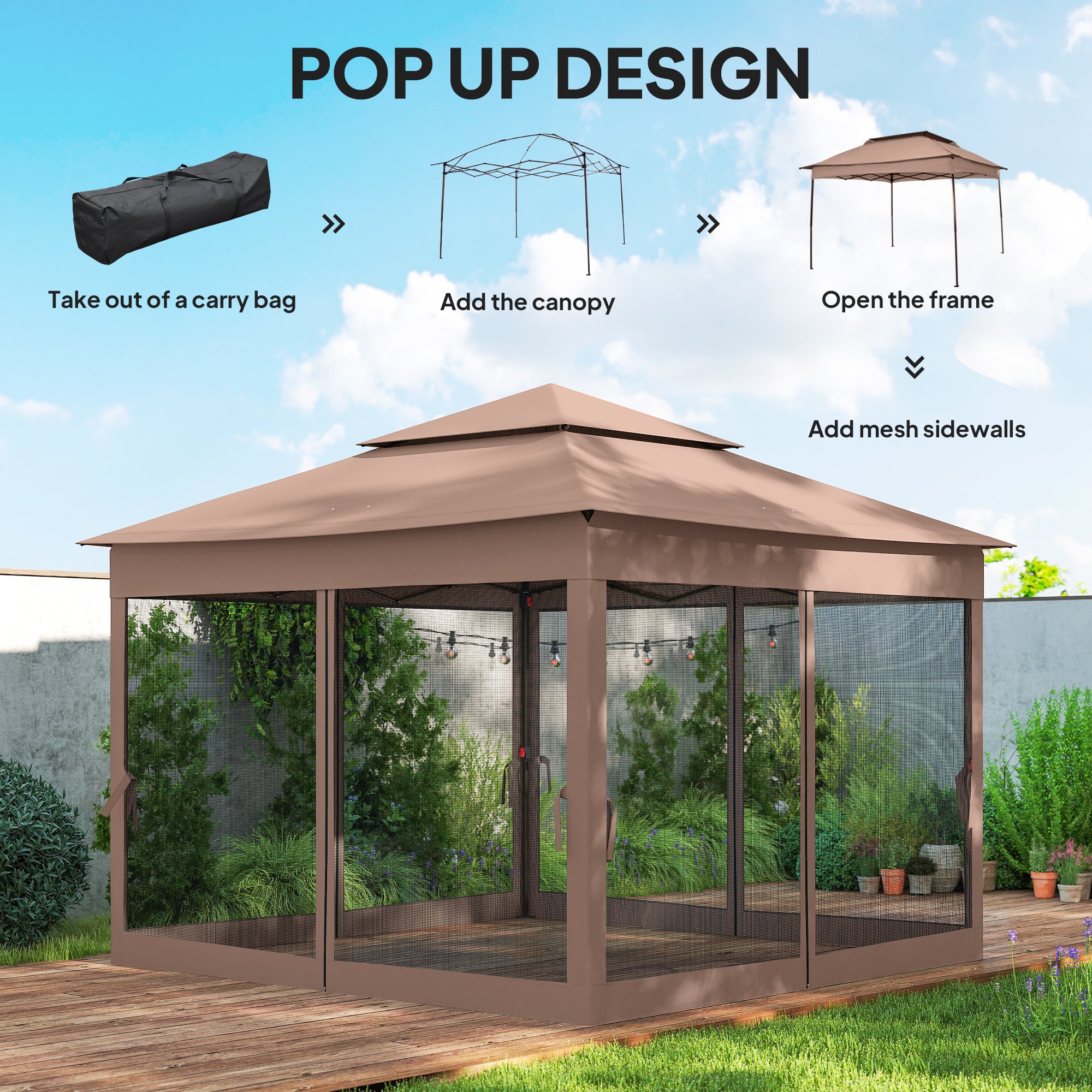 Outdoor Patio Pop Up Canopy Gazebo Shelter with Zipper Netting, Carry Bag, 11' x 11', Brown