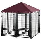 Outdoor Dog Kennel with Rotating Bowl Holders, Pet Playpen with Waterproof Cover, 4.6' x 4.6' x 5', Red