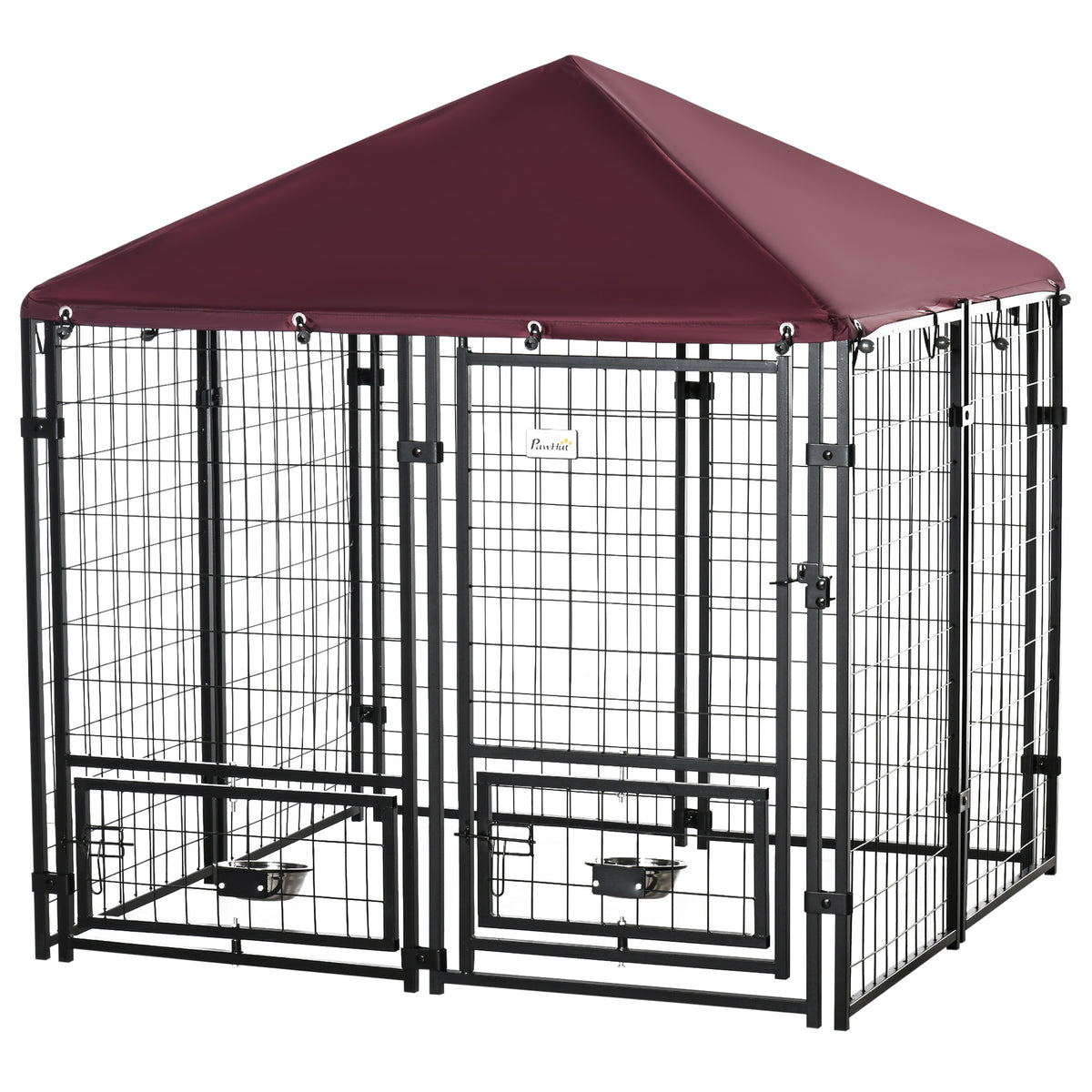 Outdoor Dog Kennel with Rotating Bowl Holders, Pet Playpen with Waterproof Cover, 4.6' x 4.6' x 5', Red