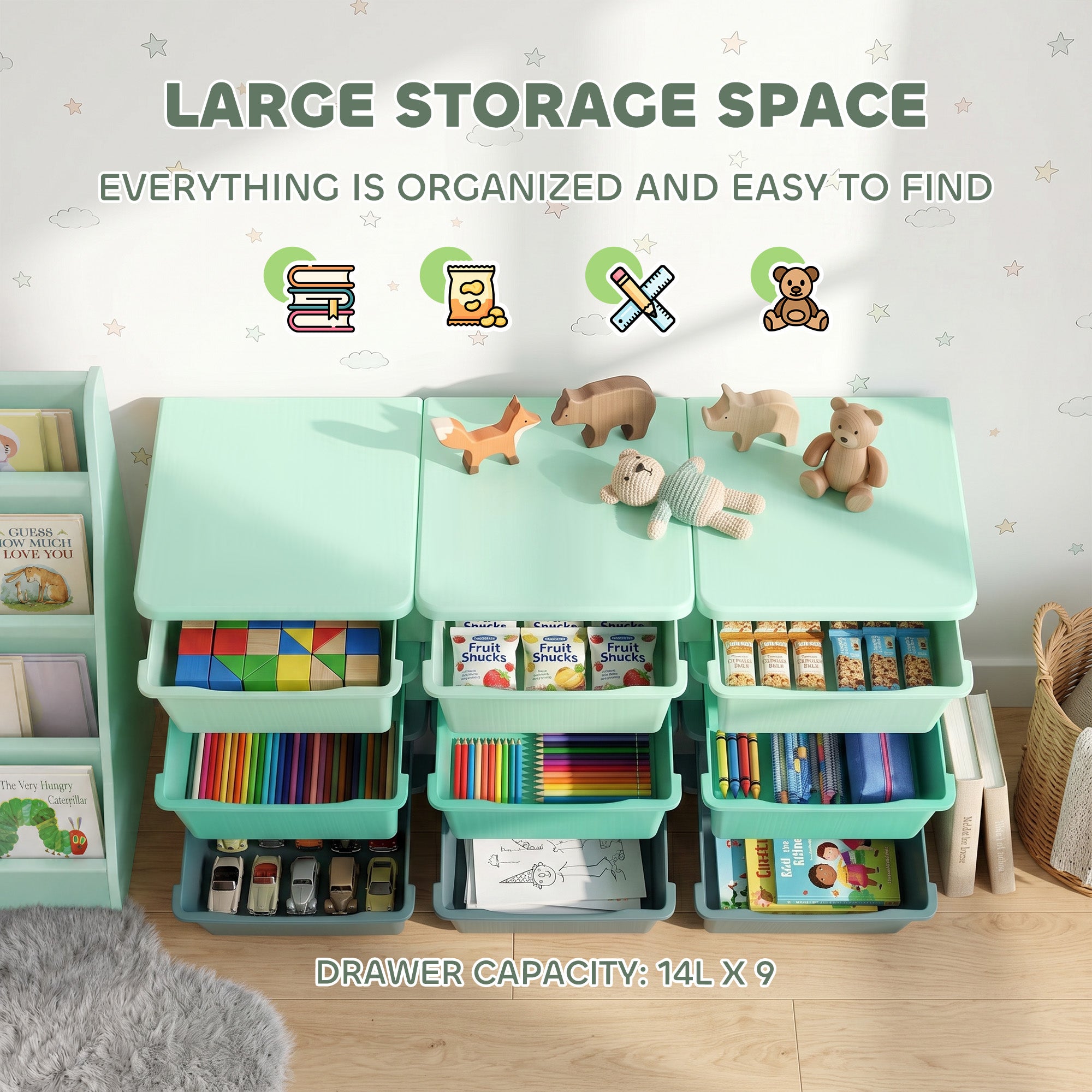 3 Tier Kids Storage Organizer with 9 Drawers for Bedroom, Nursery, Kindergarten, Living Room, Boys and Girls, Green
