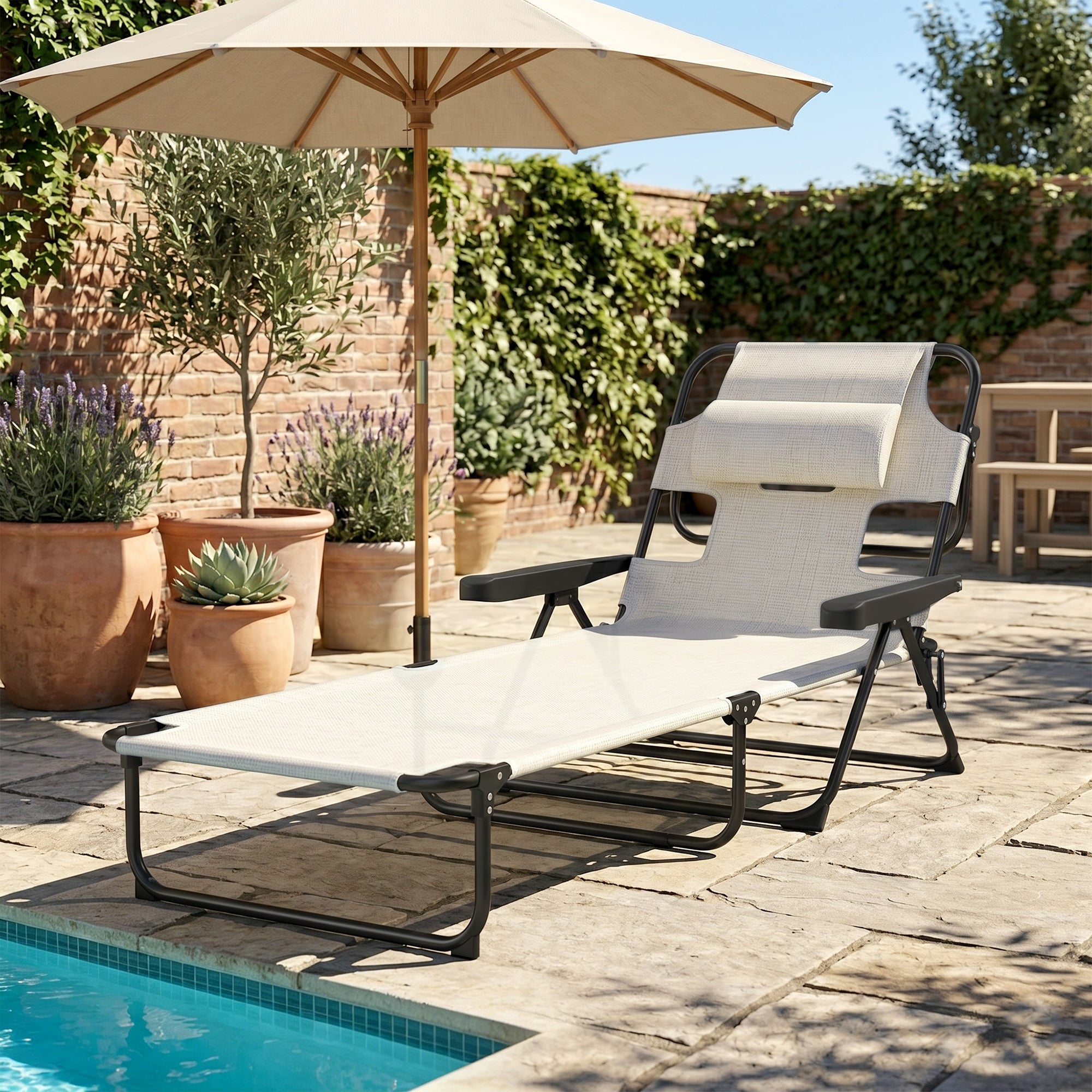 Folding Lounge Chair w/ Reclining Back, Cream White