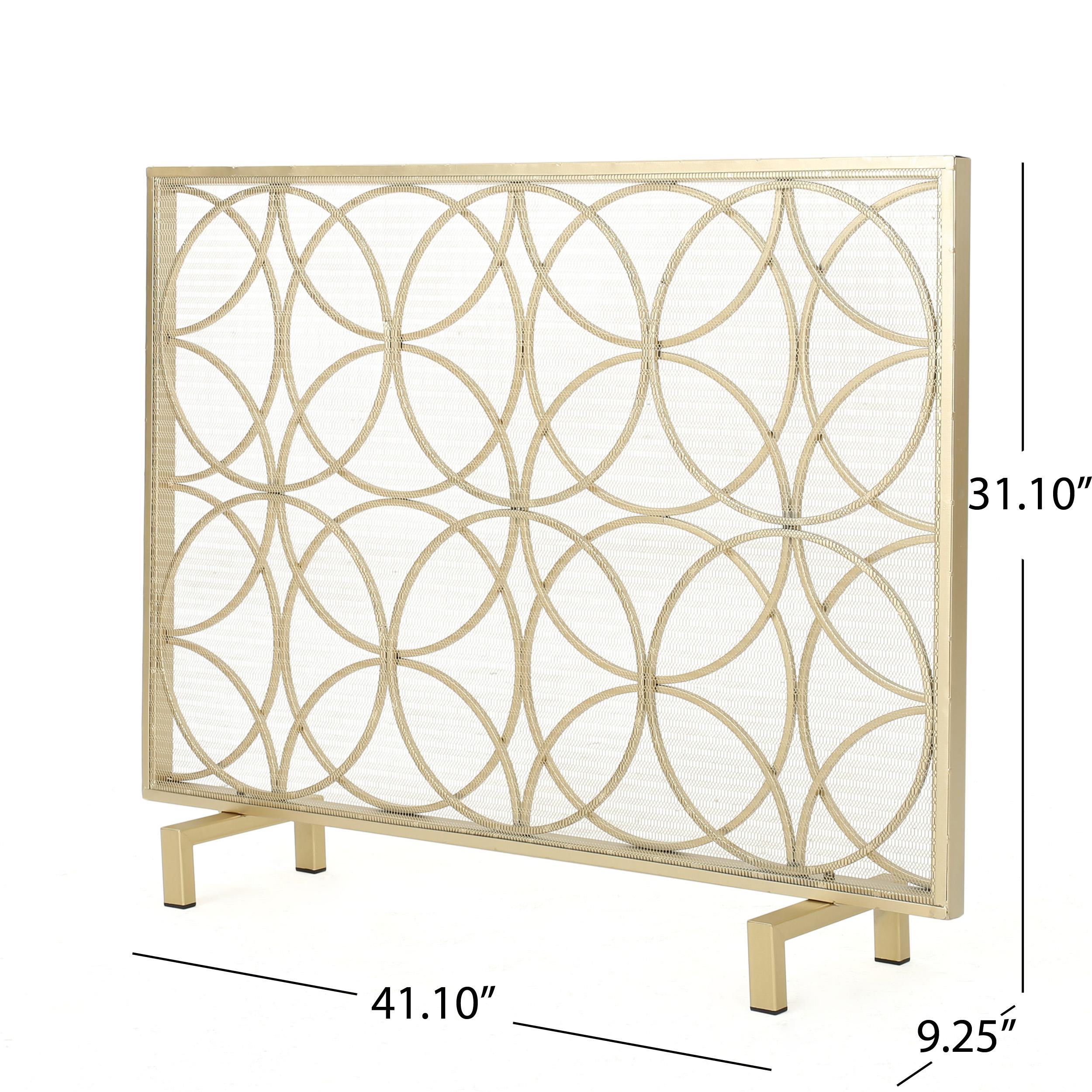 Stylish Single Panel Iron Fireplace Screen With Durable Iron Frame, Modern Overlapping Circle Design, 41.1" L x 9.25" W x 31.1" H, Gold