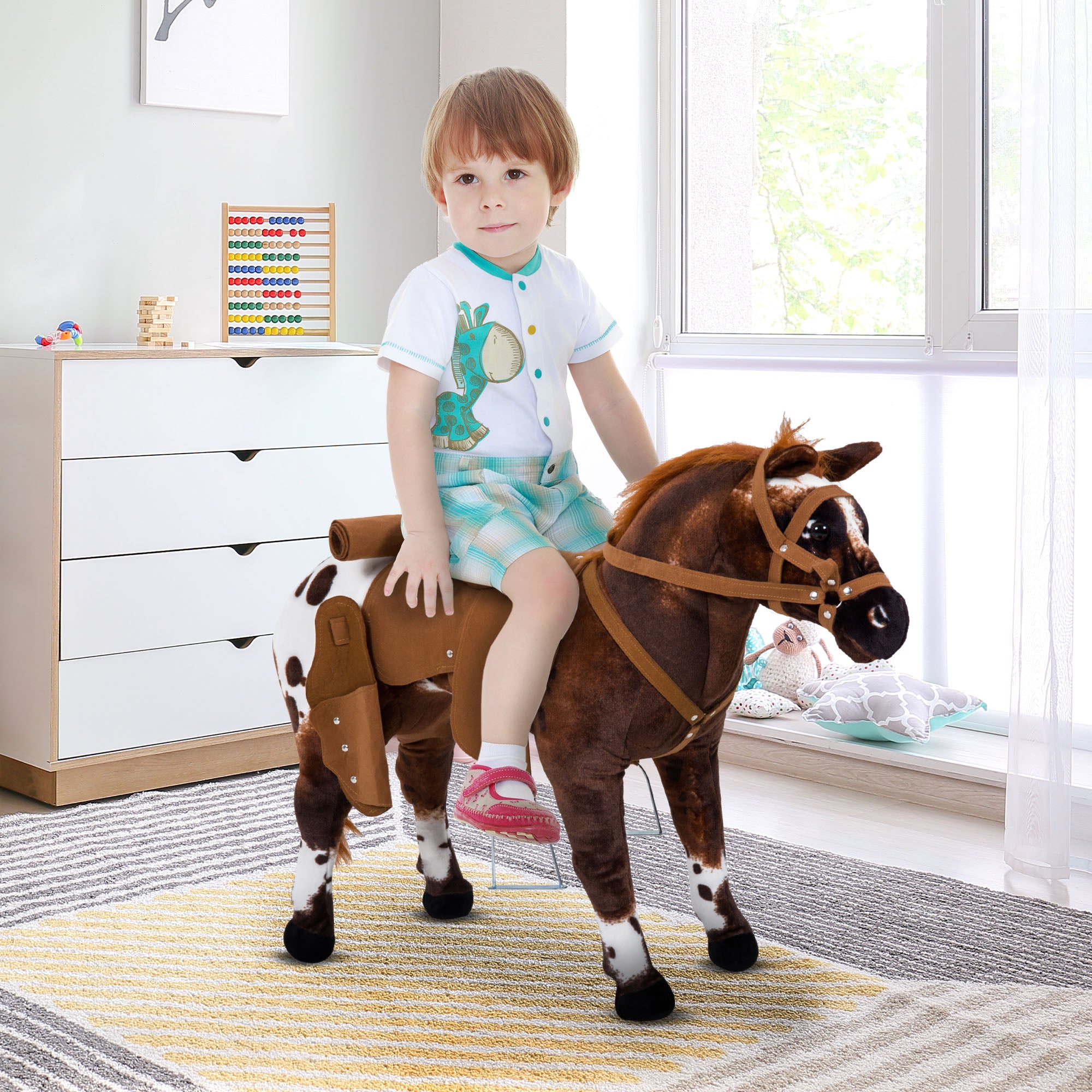 Sound-Making Ride On Horse for Toddlers 3-5, with Neighing and Galloping Sound, Stuffed Animal Horse Toy for Kids with Padding, Soft Feel, Brown