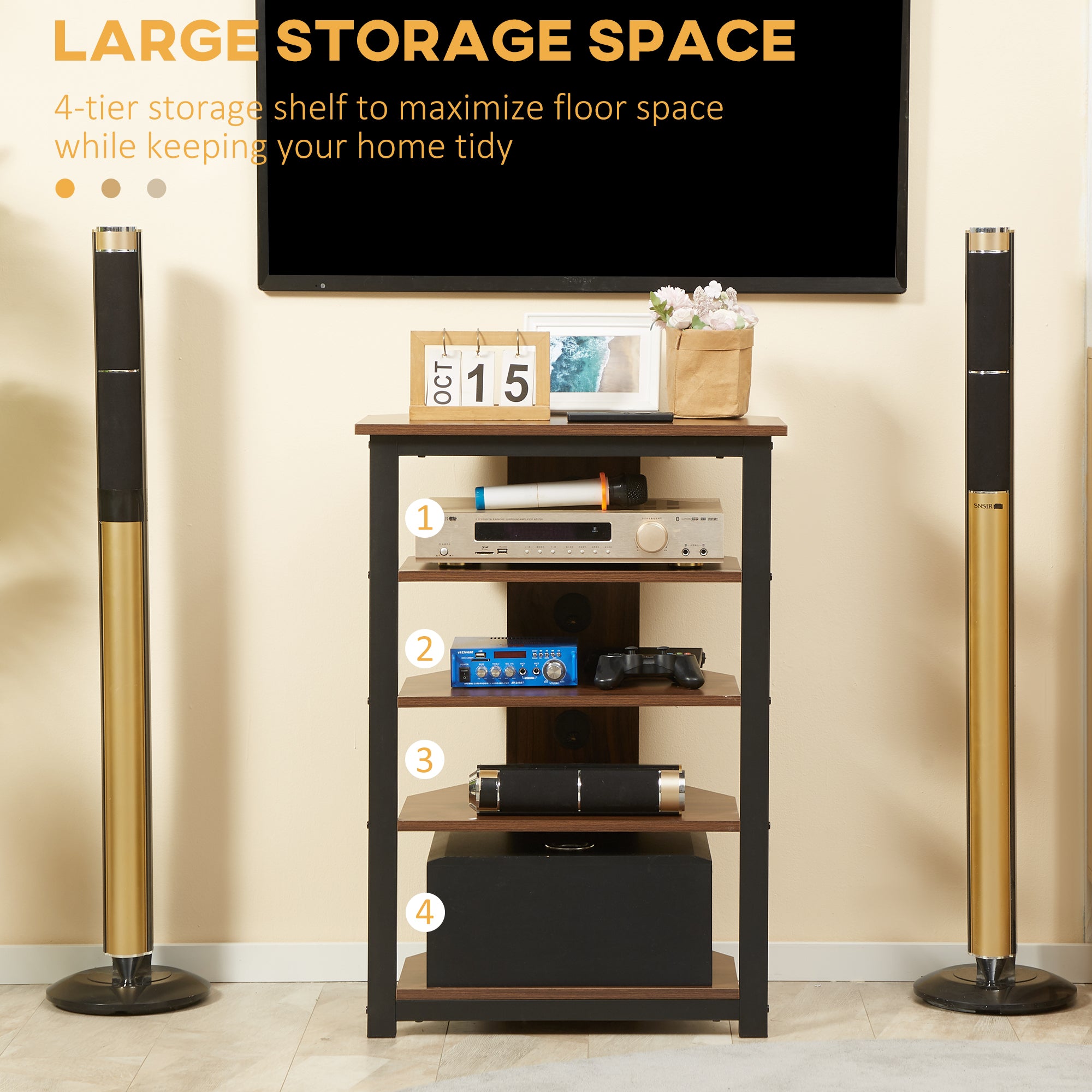 Media Stand with 4-Tier Audio Rack AV Media Corner Shelf with Cable Management for DVD Players Game Console TV Box Cable Box Xbox WiFi Router, Brown
