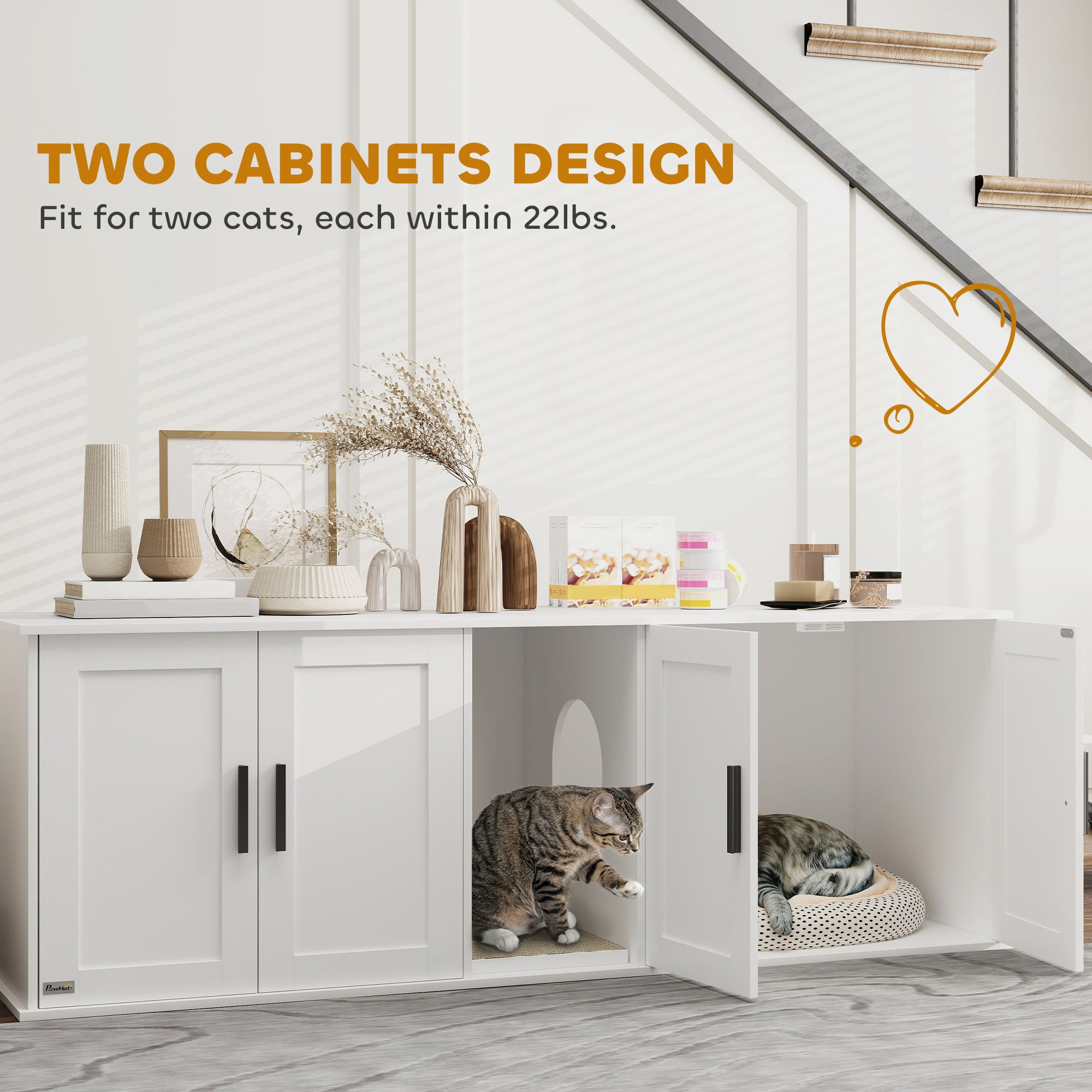 Cat Litter Box Enclosure with Double Room, Scratching Mat for 2 Cats, 57" x 19" x 20", White