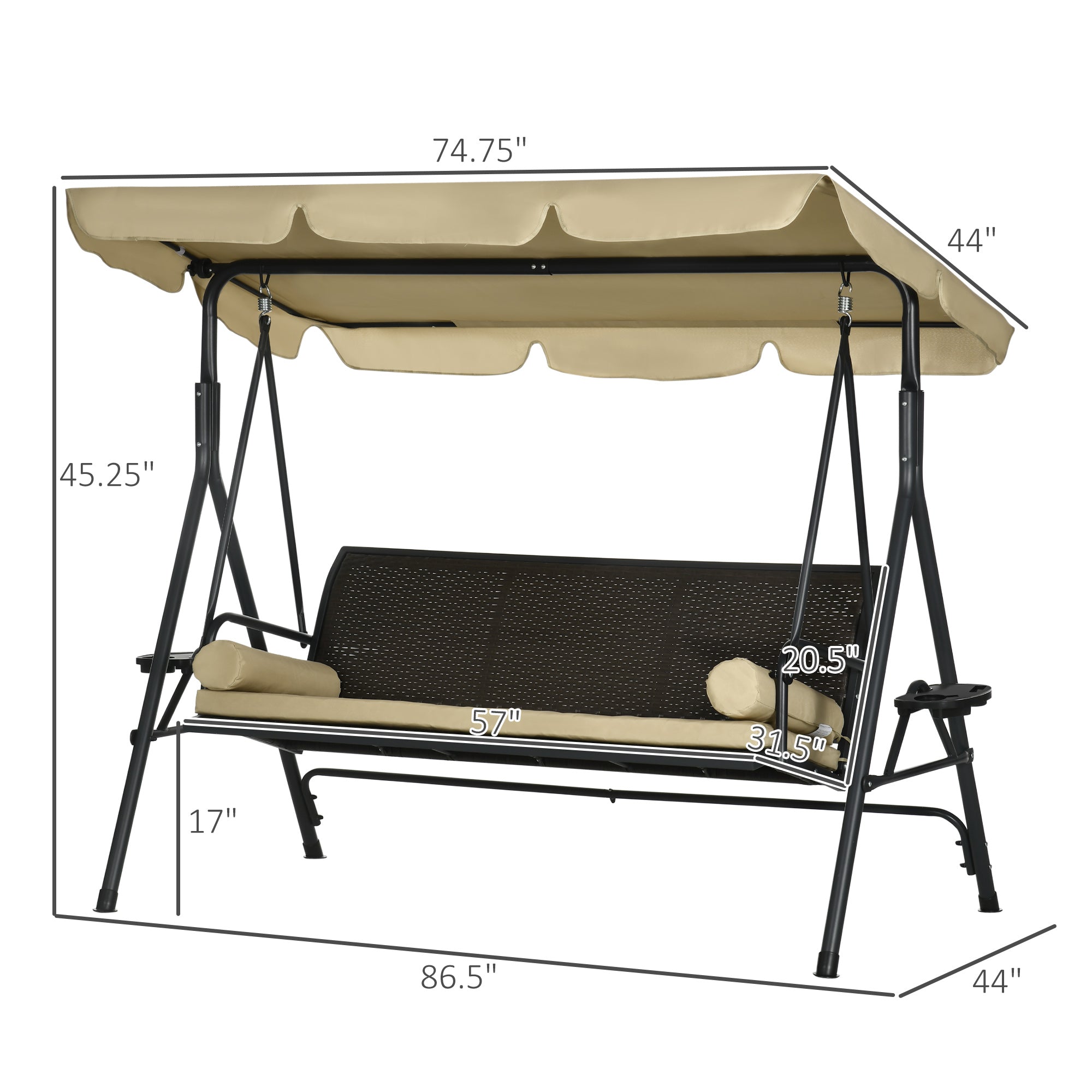 3-Seat Patio Swing Chair, Outdoor Canopy Swing Glider with Removable Cushion, Pillows, Adjustable Shade, and Rattan Seat, for Porch, Garden, Poolside, Backyard