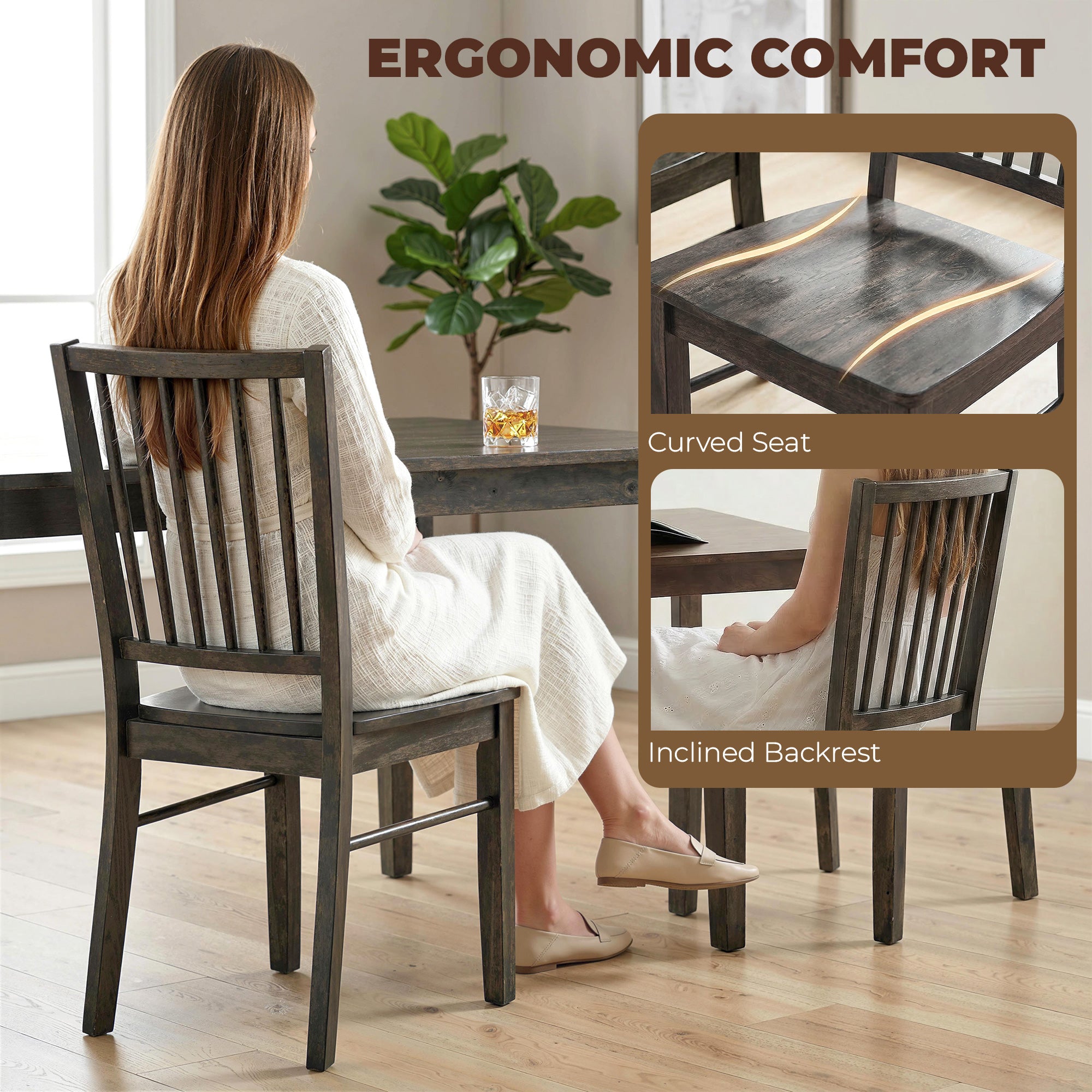 Dining Chairs Set of 2 Ergonomic Solid Wood, Armless Kitchen Chairs with Rubberwood Legs, Charcoal Gray