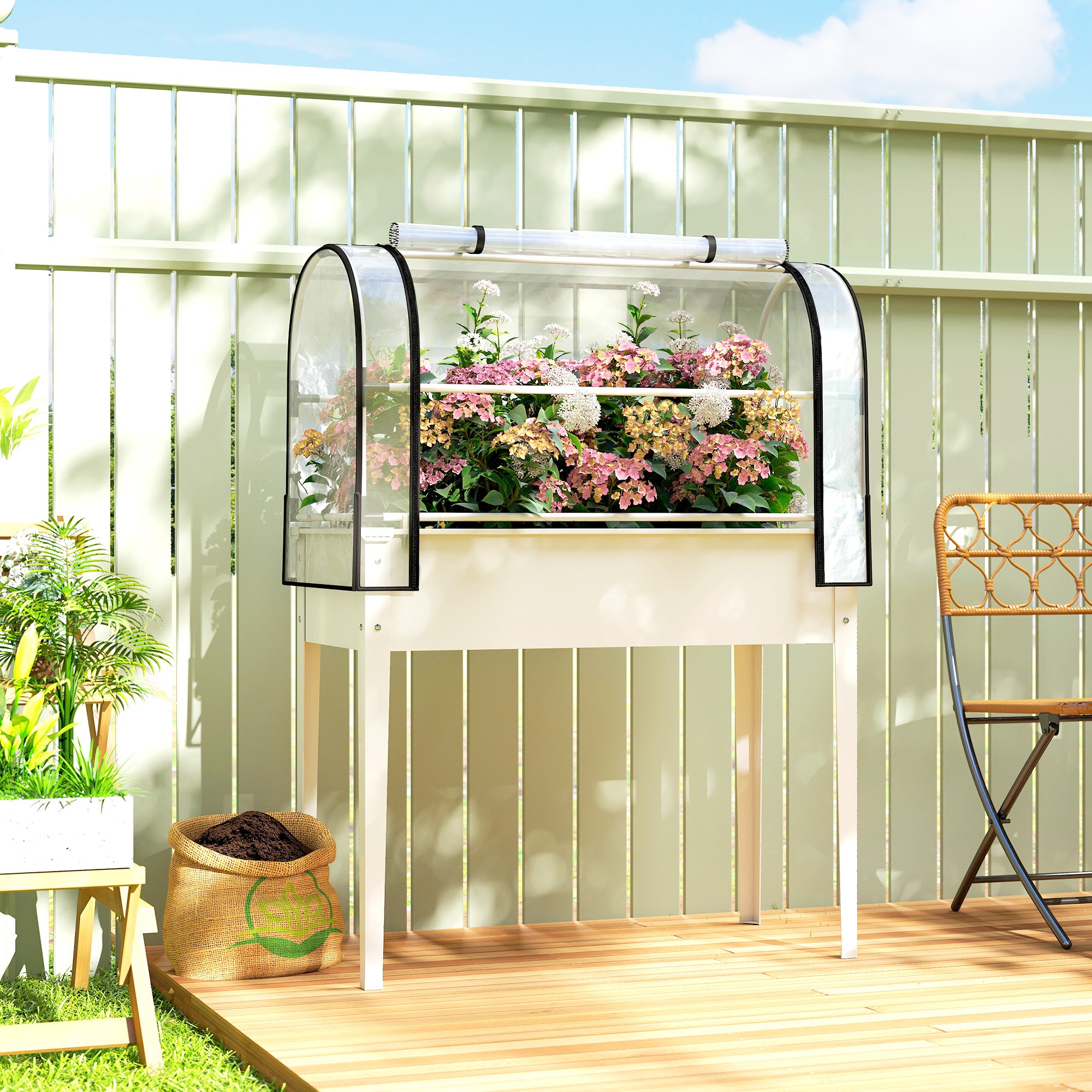 Raised Garden Bed with Flip-Up Greenhouse Cover, Metal Elevated Garden Bed with Legs and Drainage Hole, White