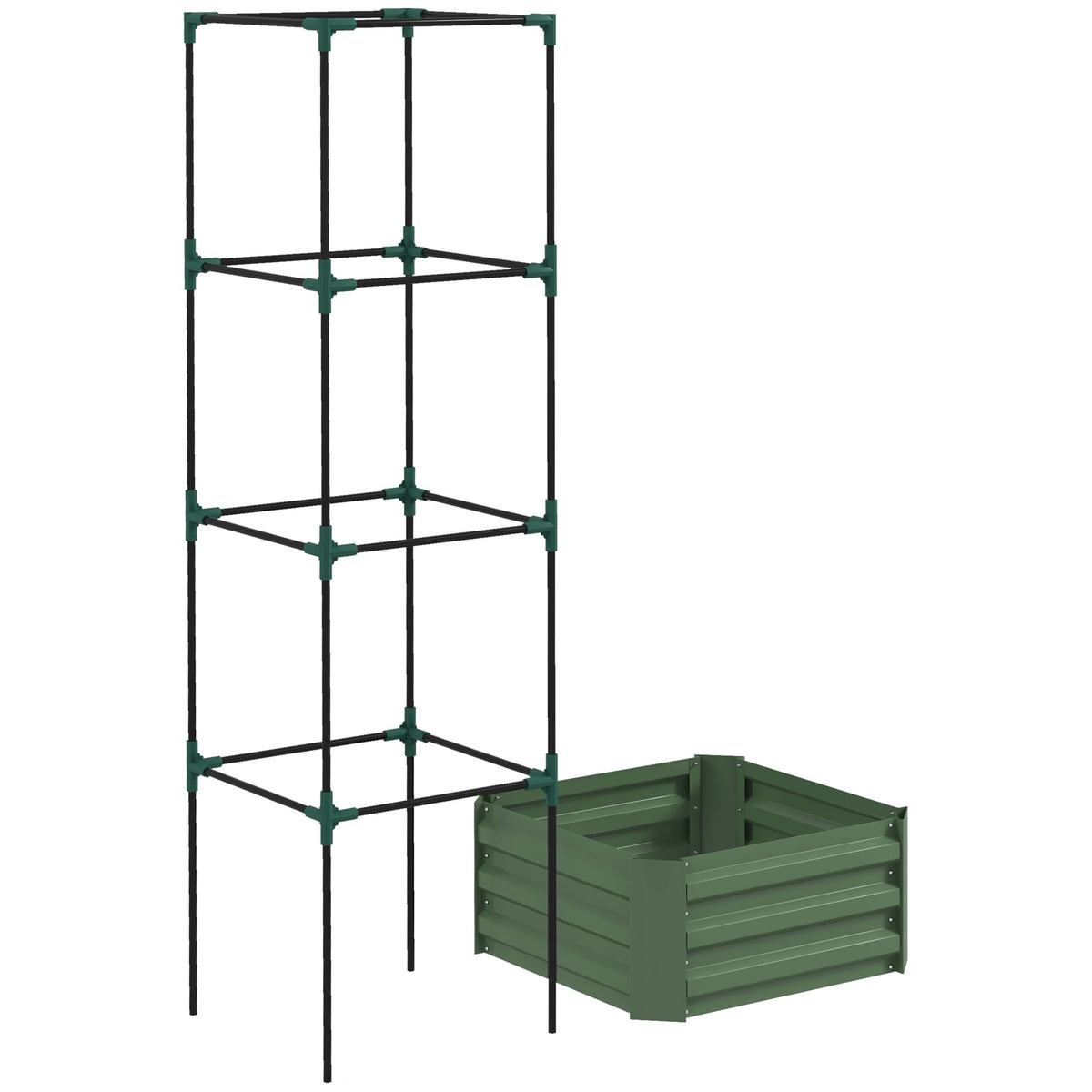 Galvanized Planter Box, 24" x 24" x 73.5" Raised Garden Bed with Tomato Cage for Climbing Vines, Green