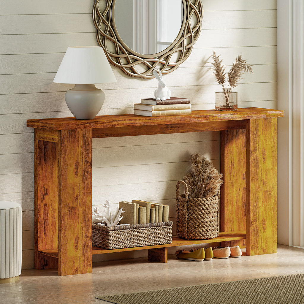 Farmhouse Console Table, 63" Narrow Entryway Table with Thickened Tabletop for Living Room, Hallway, Distressed Brown