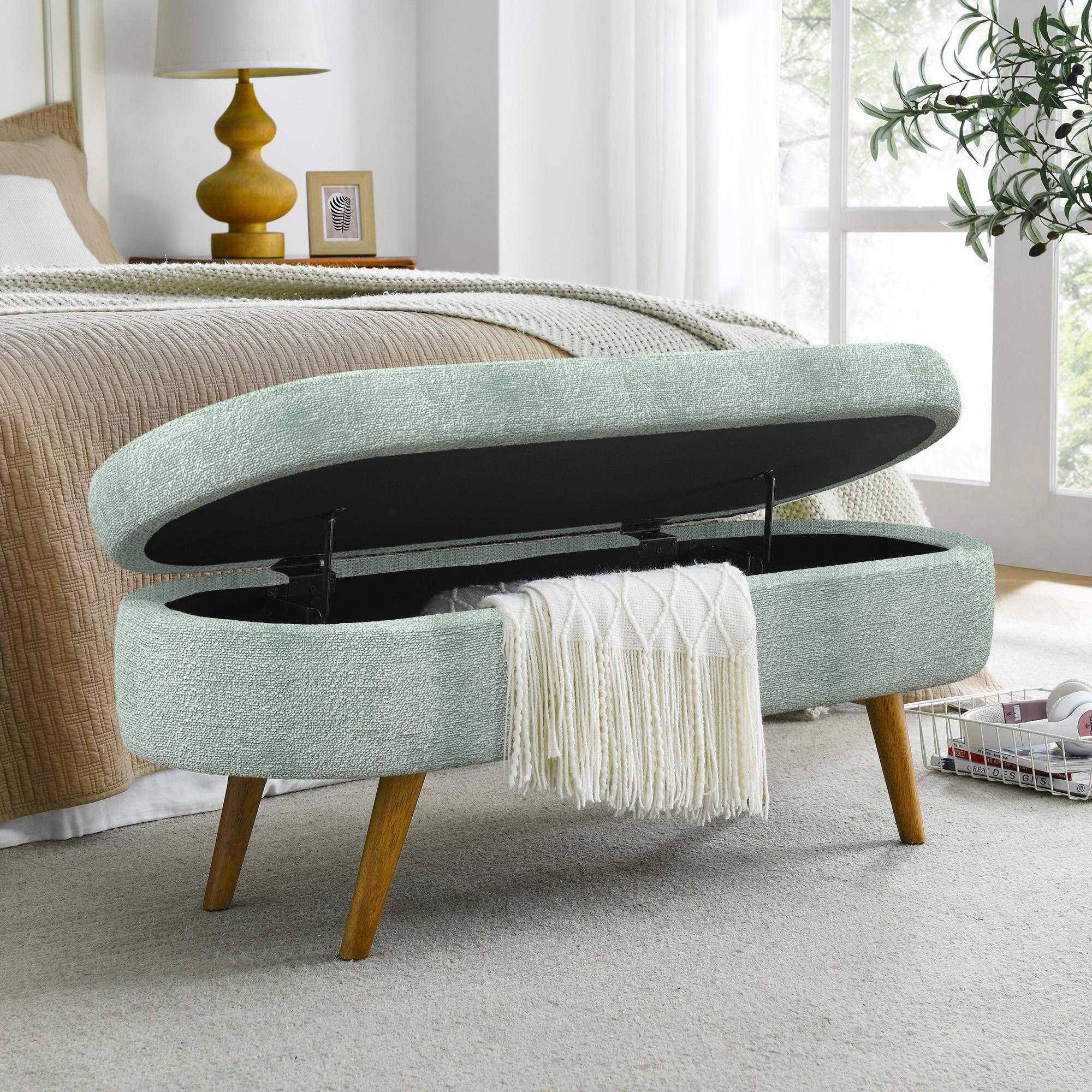 Oval Storage Ottoman Bench with Foam Cushion and Sturdy Rubberwood Legs, Multi-Use Footstool for Bedroom, 43.5" L x 16" W x 16" H, Cyan