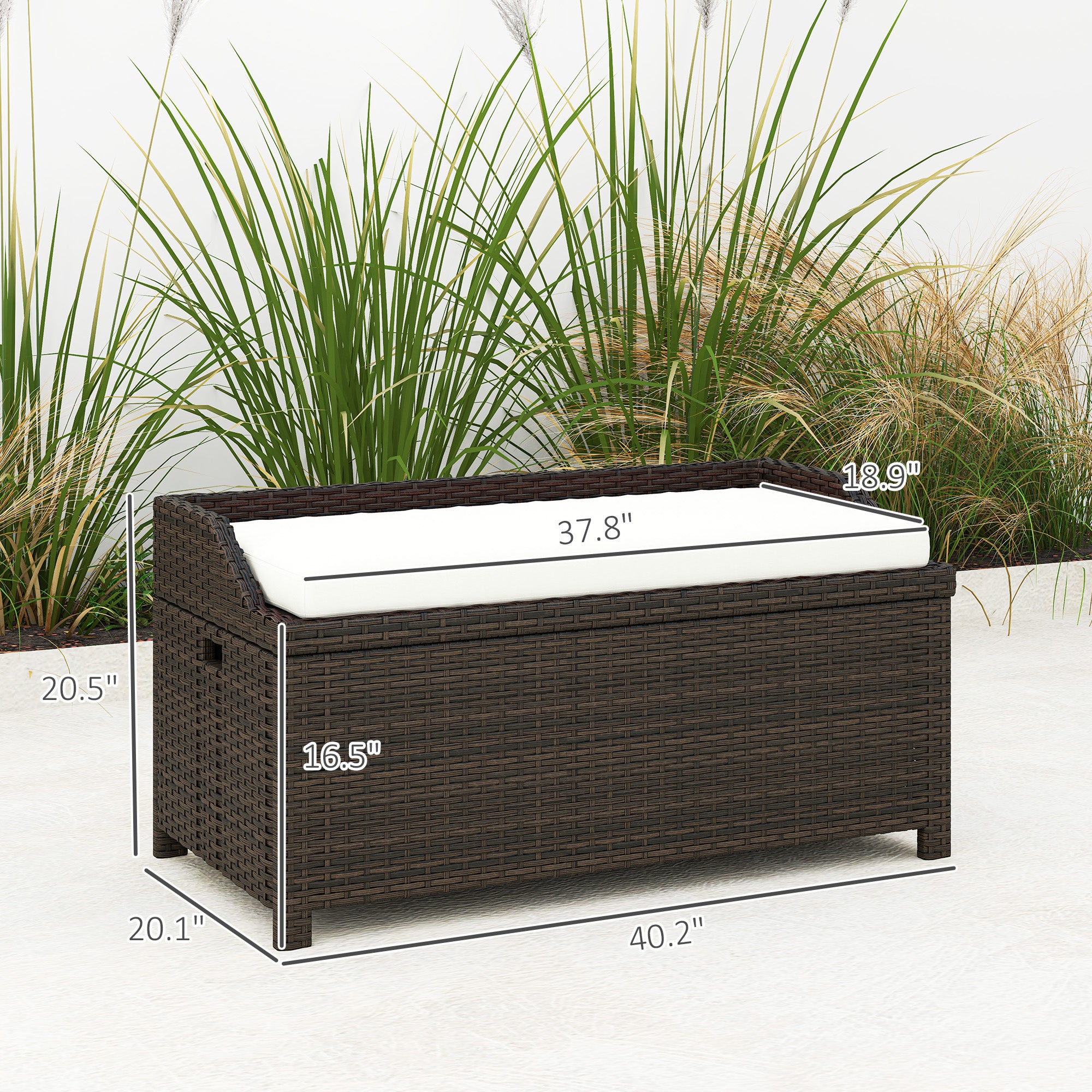 Outdoor Wicker Storage Bench with Storage & Cushion, Cream White