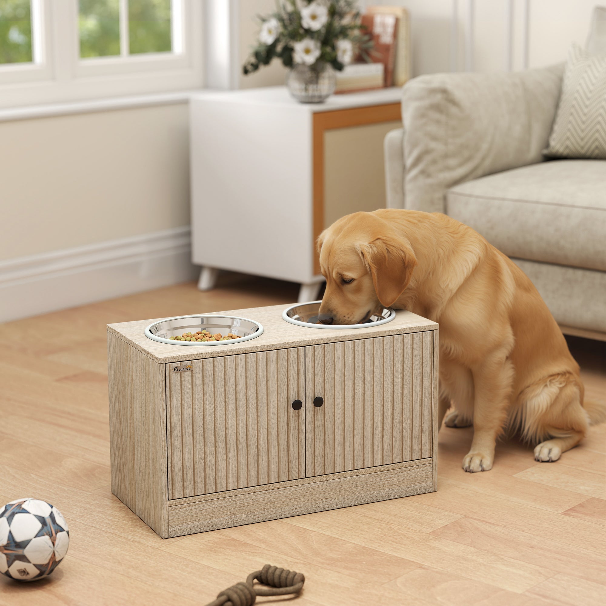 Elevated Dog Bowls with Storage Cabinet, 2 Stainless Steel Bowls, Slow Feeder, Dog Feeding Station for Large Dogs, Oak