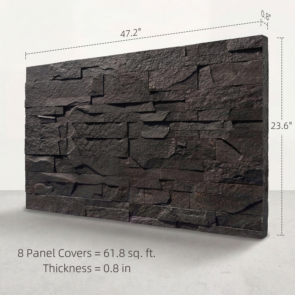 8-Pack 3D Faux Stone Wall Panels, Lightweight Polyurethane Panels for Interior and Exterior Accent Walls, Black