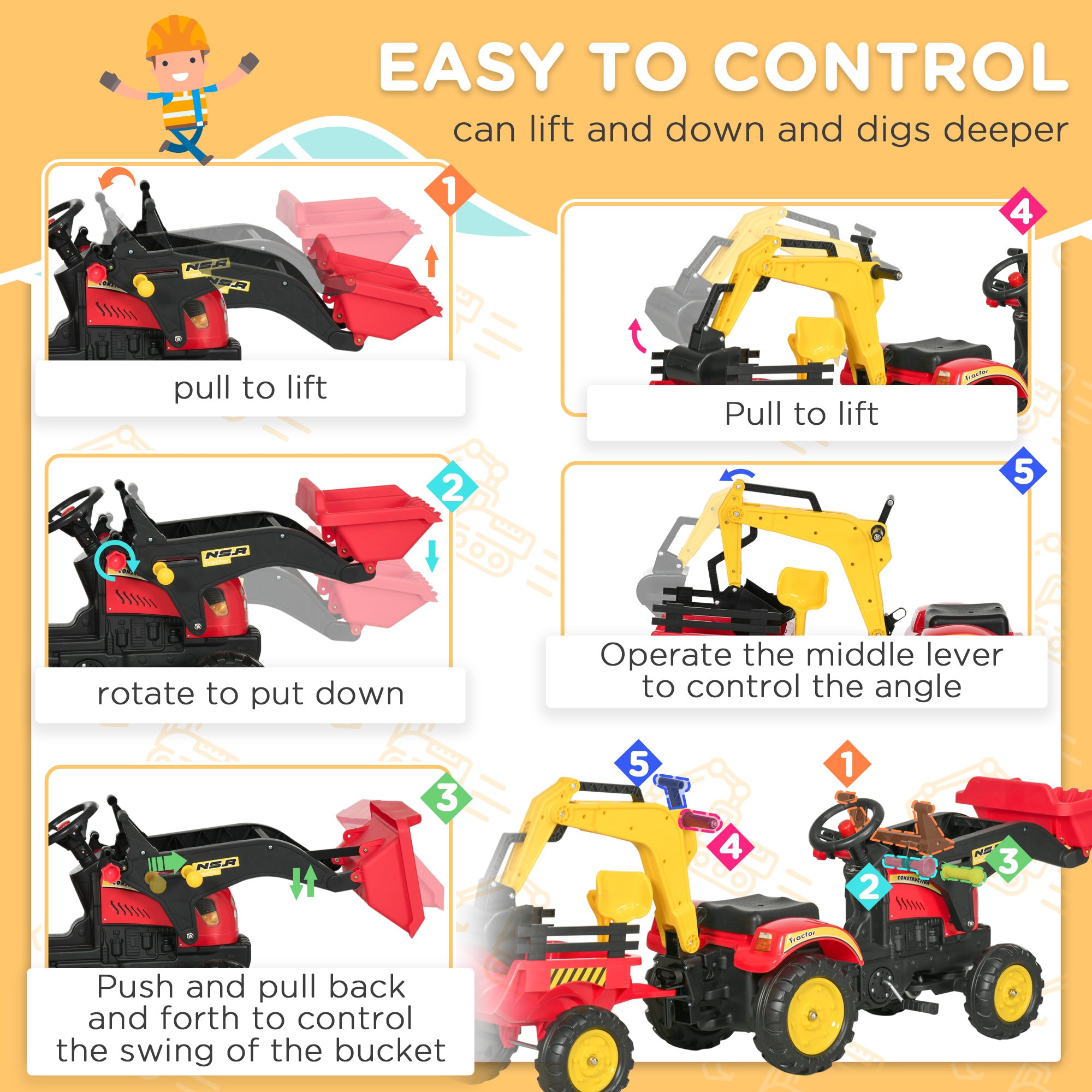 3 in1 Kids Ride On Bulldozer Excavator Toy with 6 Wheels Controllable Cargo Trailer Easy Pedal Controls for 3-6 Years