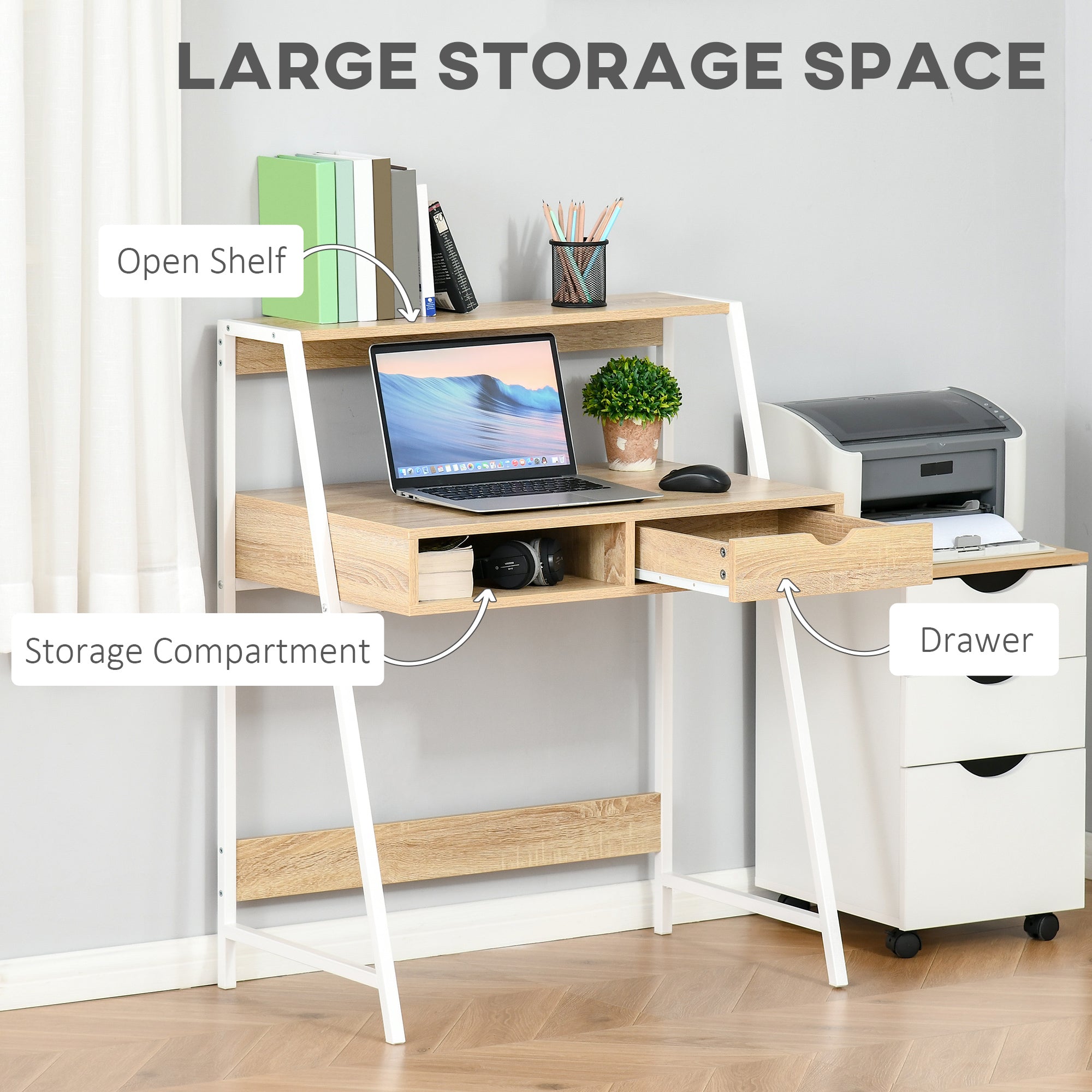 Home Office desk, Computer Desk for Small Spaces, Study Table with Drawer and Storage Shelves, Natural
