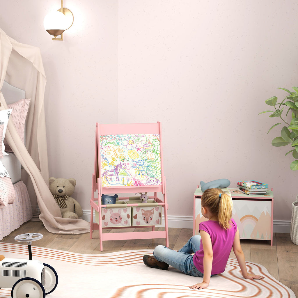 Toy Box with Lid and Kids Easel with Paper Roll, Blackboard, Whiteboard, Cute Fox Design, for Ages 3-8 Years, Pink