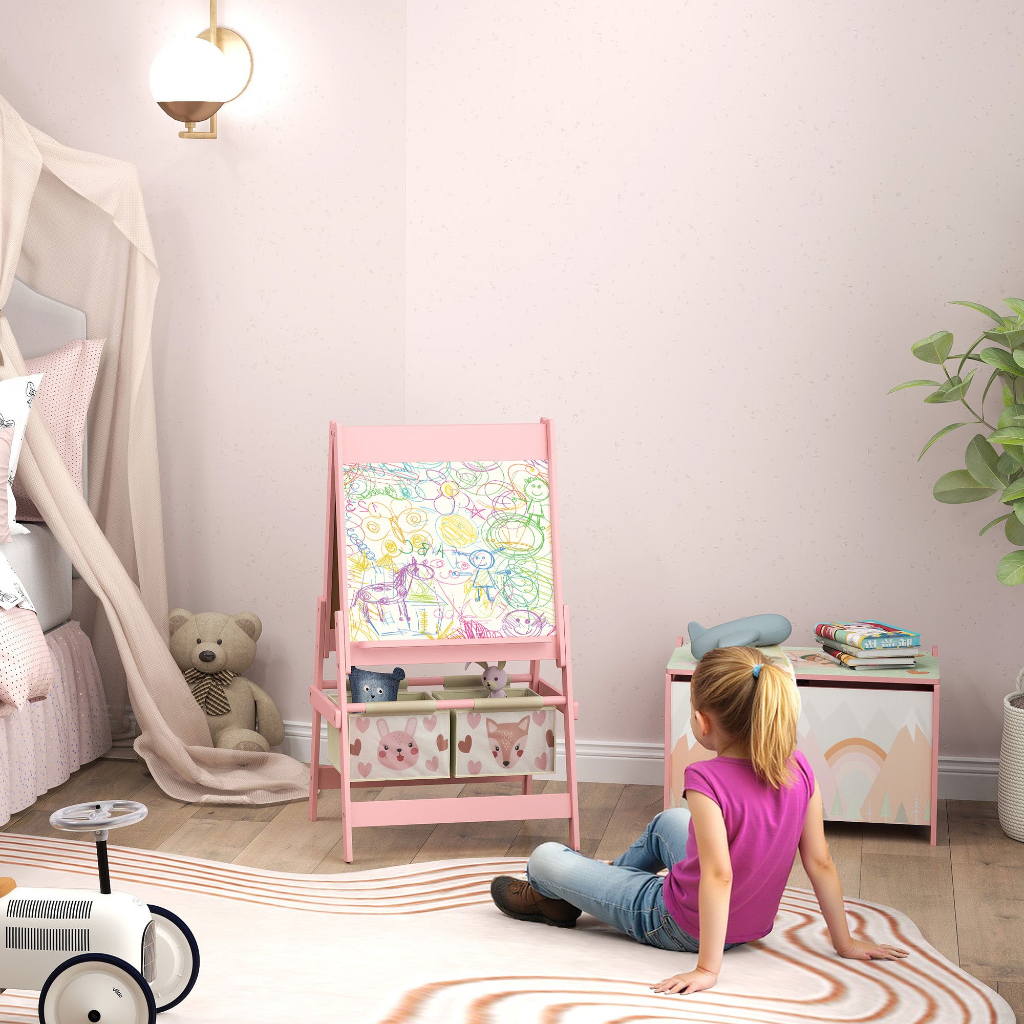 Toy Box with Lid and Kids Easel with Paper Roll, Blackboard, Whiteboard, Cute Fox Design, for Ages 3-8 Years, Pink