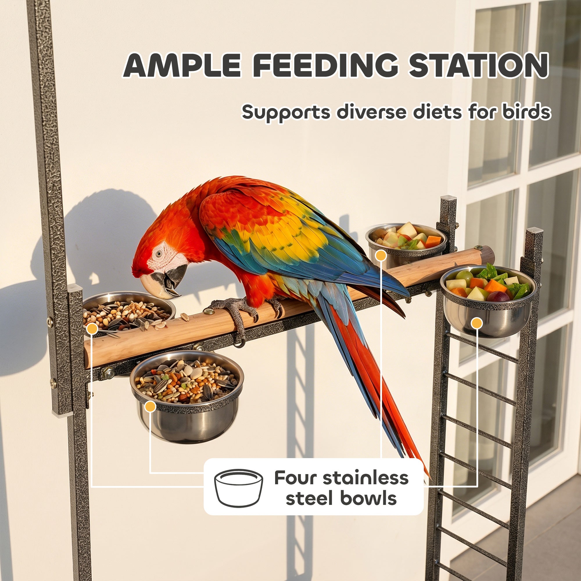 Bird Stand with Wheels Parrot Stand with Slide-out Tray Stainless Steel Bowls for Indoor Outdoor Dark Gray