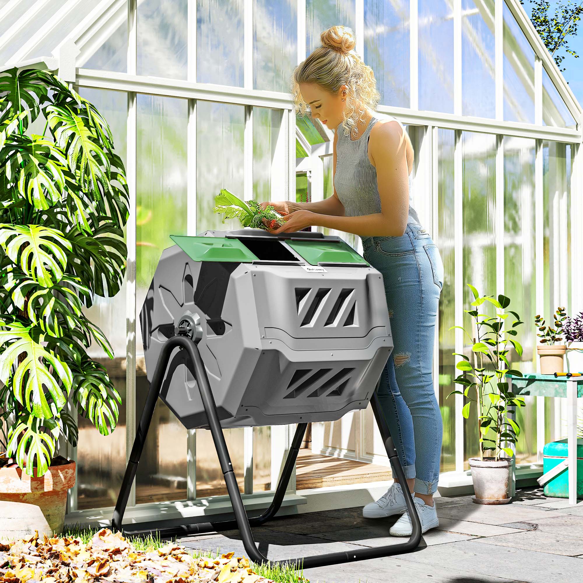 Tumbling Compost Bin Outdoor 360° Dual Chamber Rotating Composter 43 Gallon, Light Gray