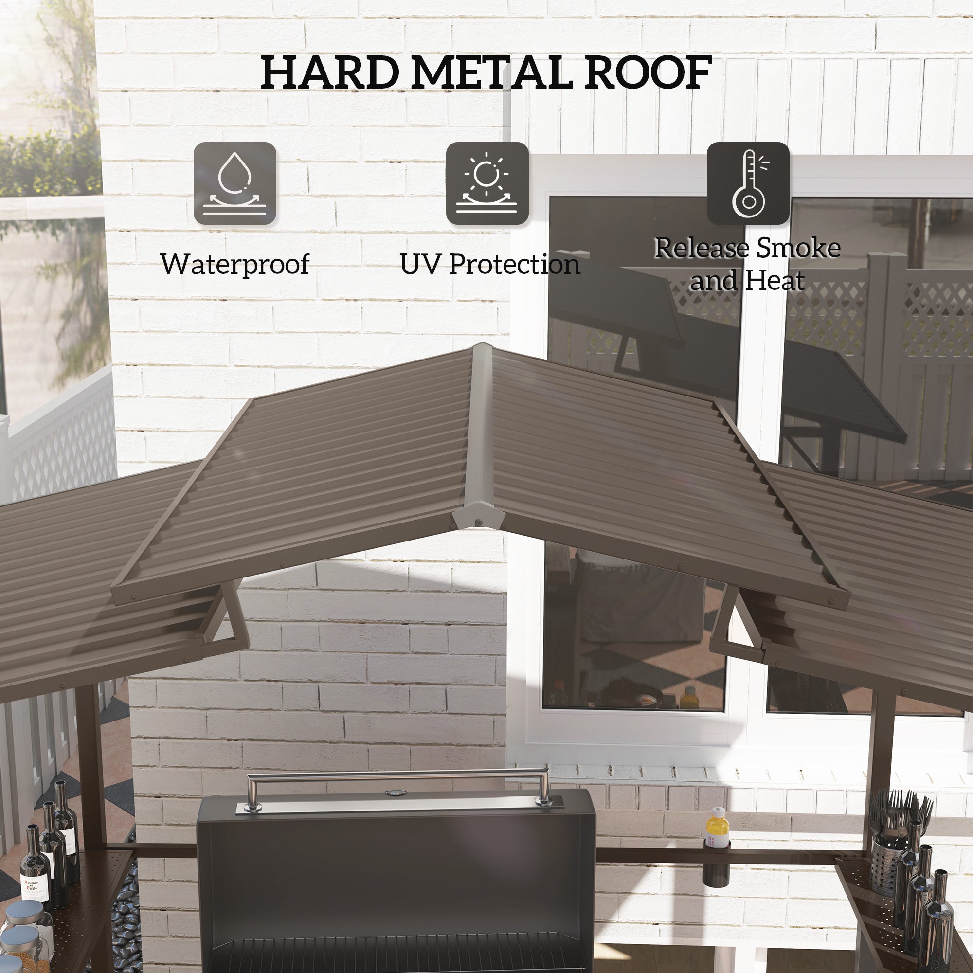 8 x 5ft Hardtop Grill Gazebo with Double Metal Roof, 2 Side Shelves and 4 Cup Holders for Patio Backyard Lawn Deck