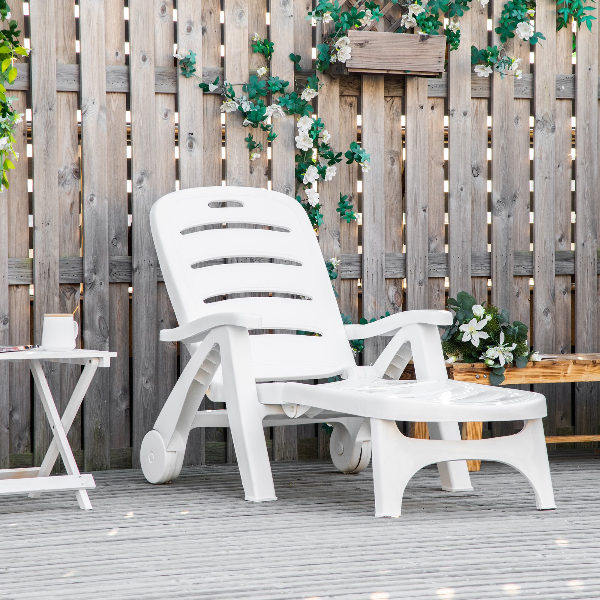 Outdoor Chaise Lounge Chair on Wheels, Waterproof, Quick Assembly, Folding, 5 Level Adjustable Backrest for Pool, White