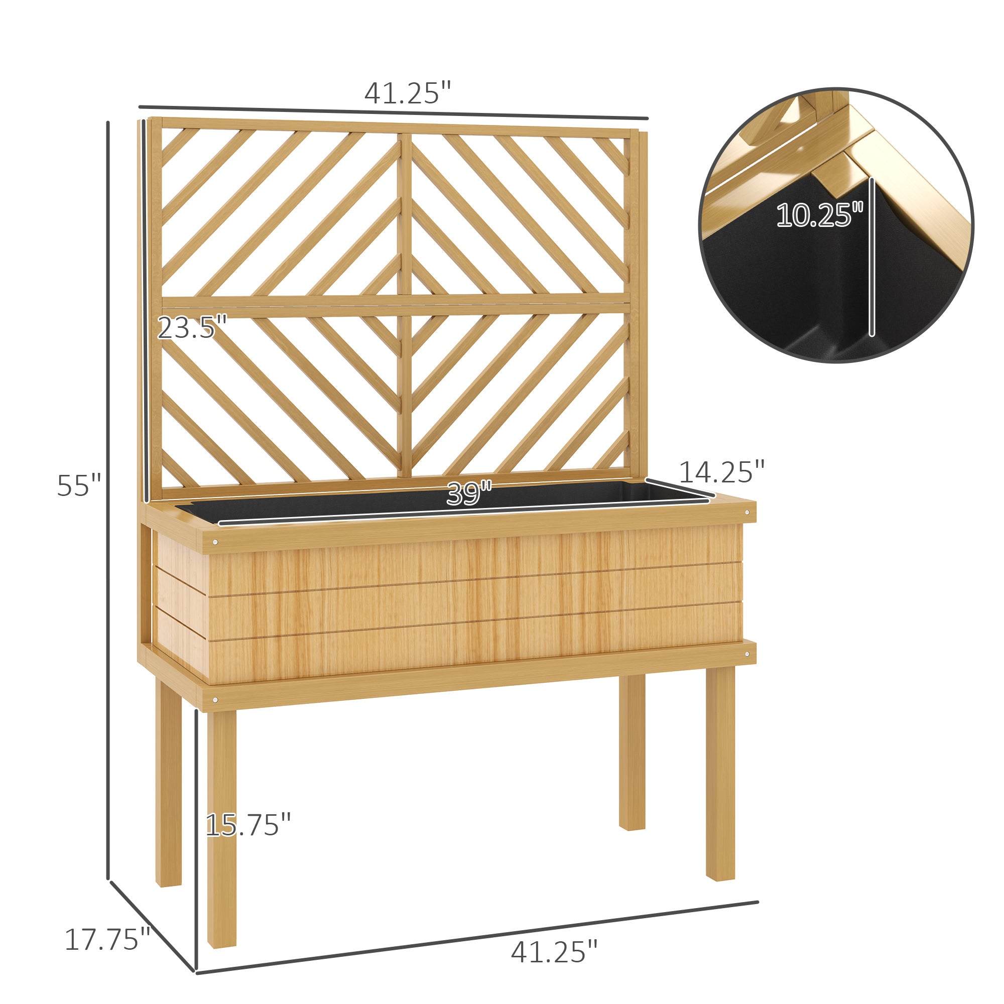 Elevated Wood Planter with Trellis for Climbing Plants, Raised Garden Bed with Legs and Drainage Holes, Natural Wood