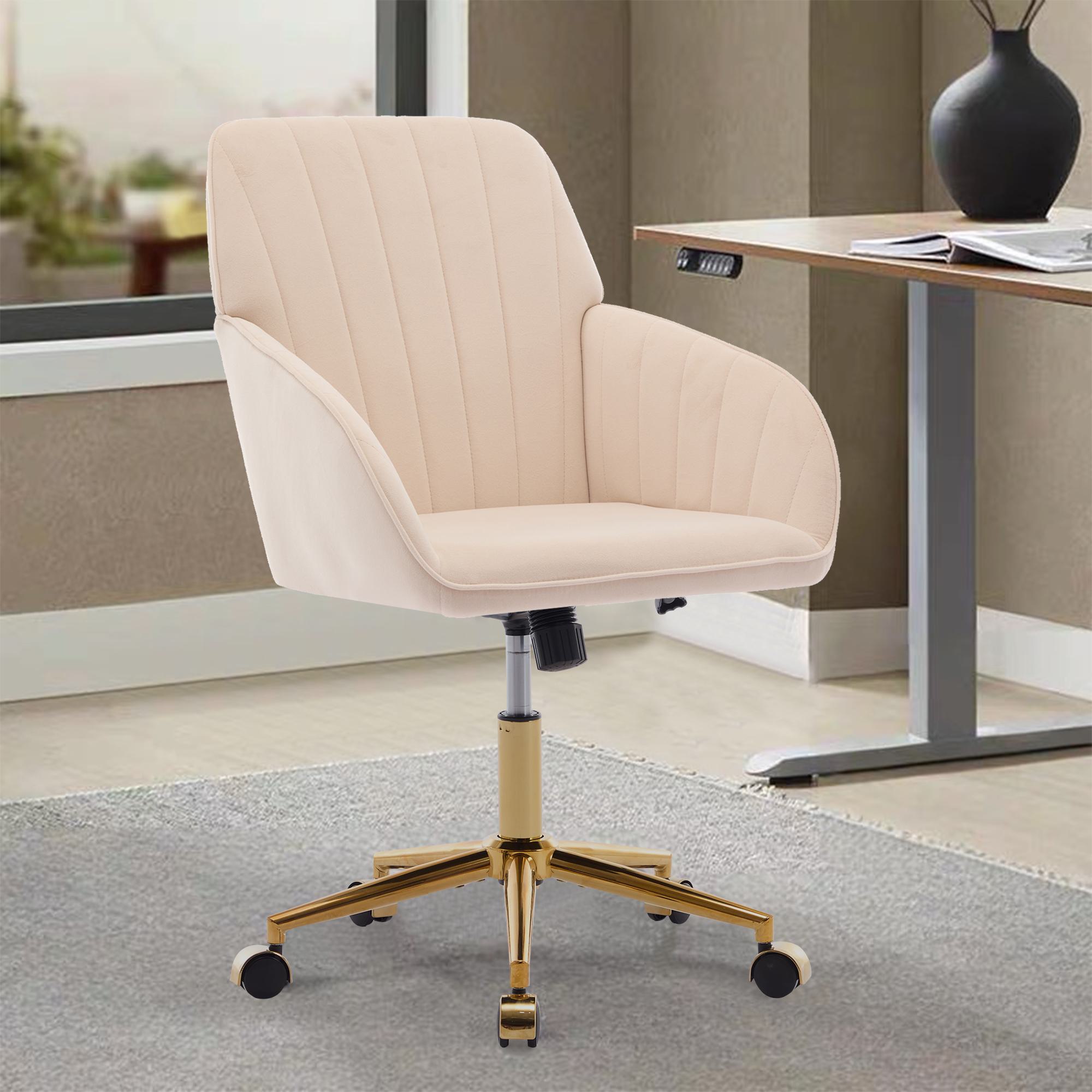 Adjustable Ergonomic Swivel Chair with Velvet Cushion and Golden Base, Office Chair, 25" L x 23" W x 38" H, khaki