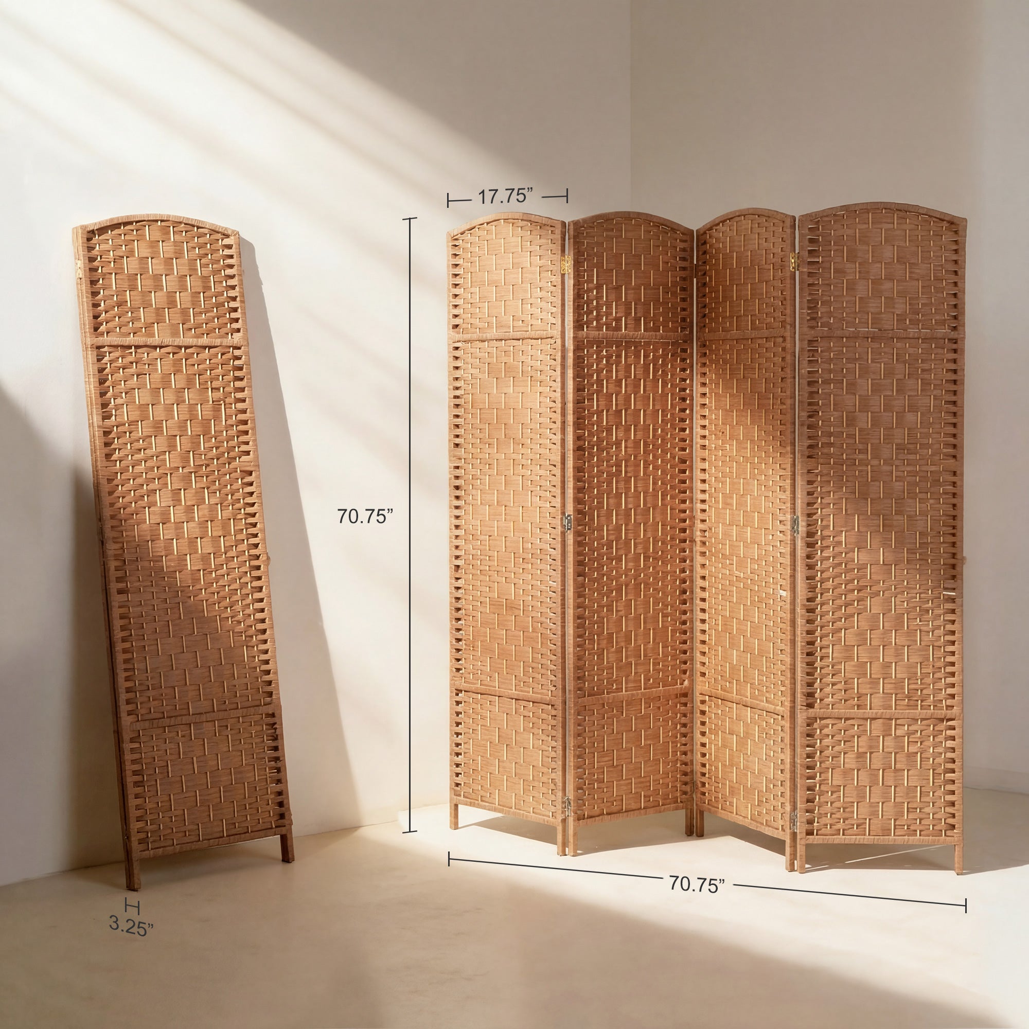 Room Divider 4 Panel, 6FT Tall Folding Privacy Screen, Freestanding Hand-Woven Partition for Room Separation with 360° Hinges, Paper Rope Diamond Weave, Natural