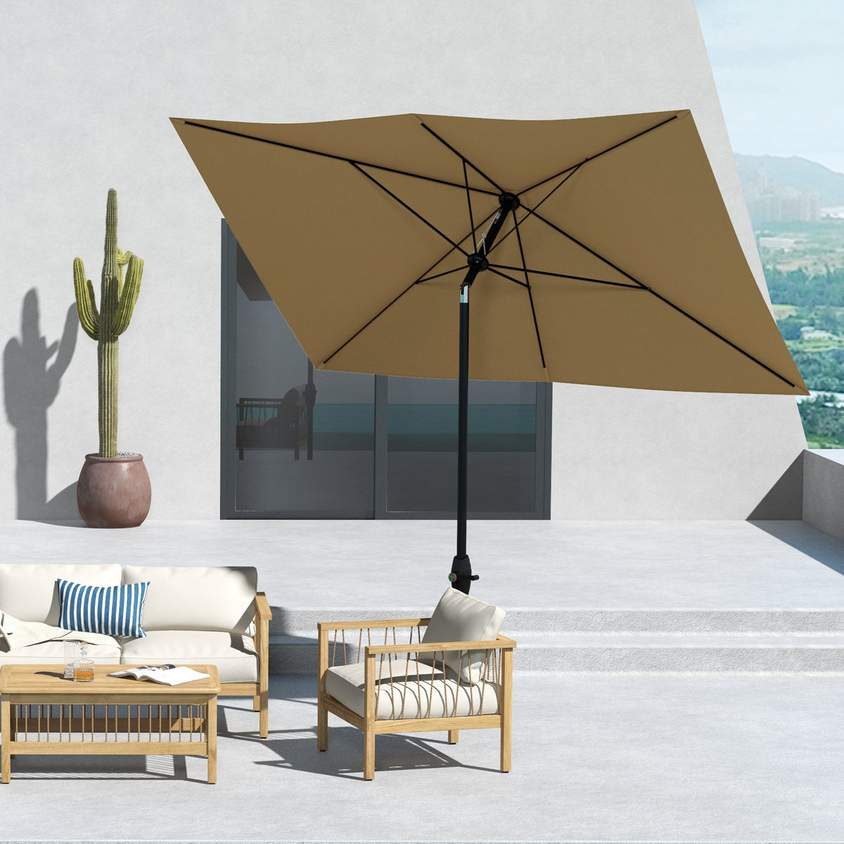 6.6' x 10' Rectangular Market Umbrella, Patio Outdoor Table Umbrella with Crank and Push Button Tilt, Coffee