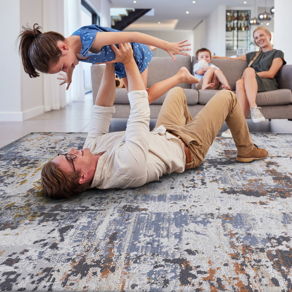 Naar 8x10 Abstract Stain-Resistant Area Rug with Cotton Backing, Carpet for Living Room, Dining, Home Office, 120" L x 93" W x 0.3" H, Ivory+Navy