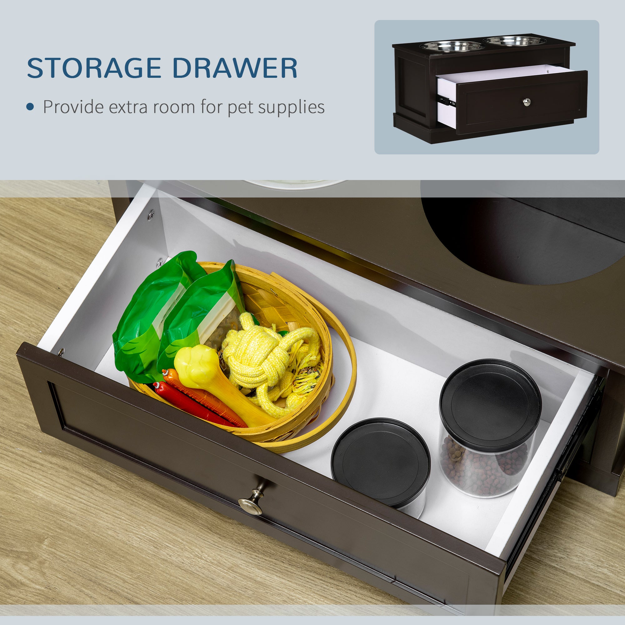 Large Elevated Dog Bowls with Storage Drawer Containing 11L Capacity, Raised Dog Bowl Stand Pet Food Bowl Dog Feeding Station, Brown