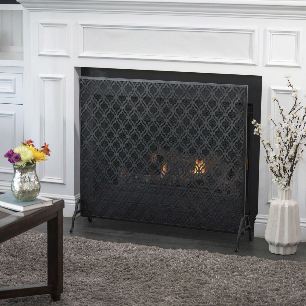 Modern Single Panel Iron Fireplace Screen with Durable Iron Frame, Rustproof Solid Free Standing Fire, 39.5" L x 11.25" W x 35" H, Black