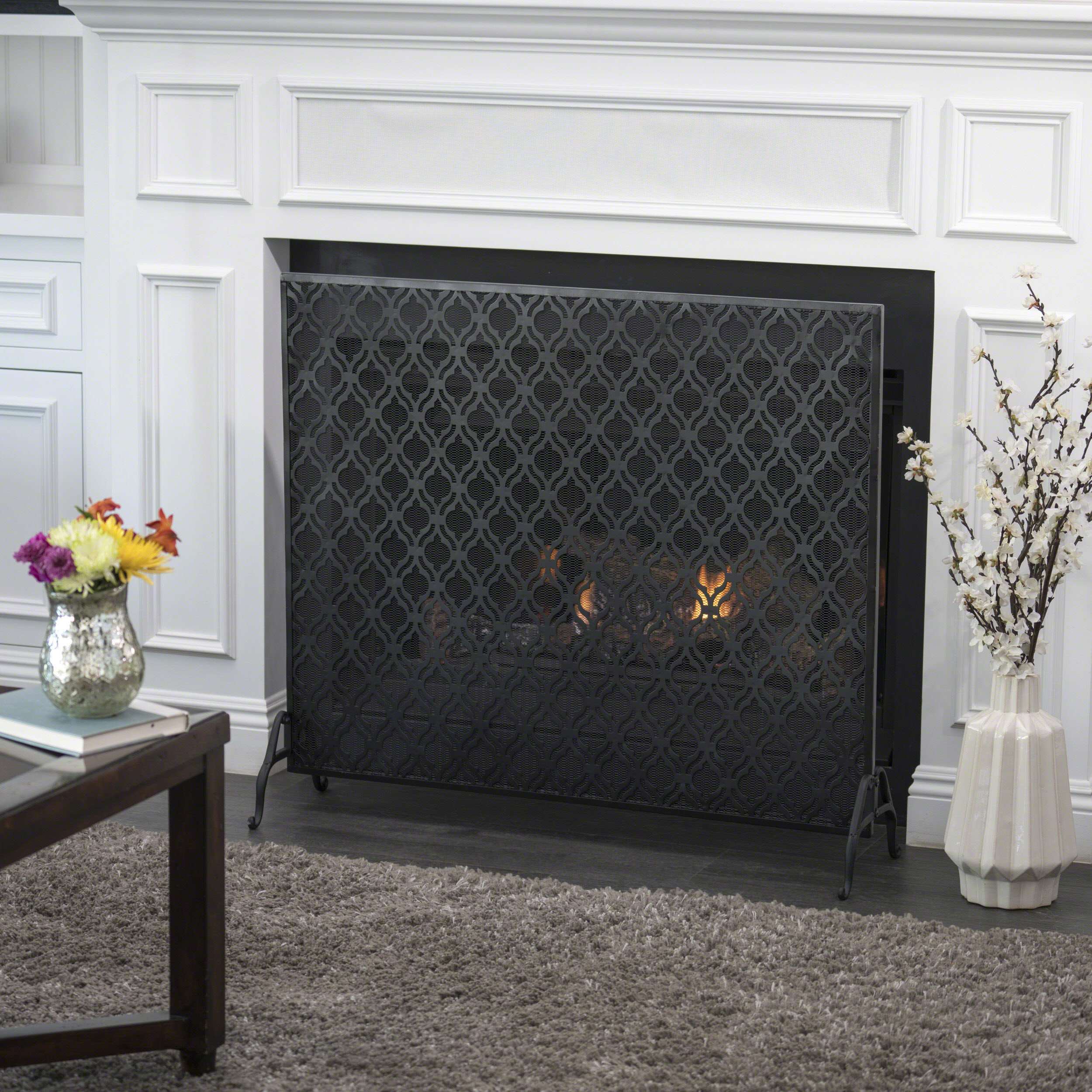 Modern Single Panel Iron Fireplace Screen with Durable Iron Frame, Rustproof Solid Free Standing Fire, 39.5" L x 11.25" W x 35" H, Black