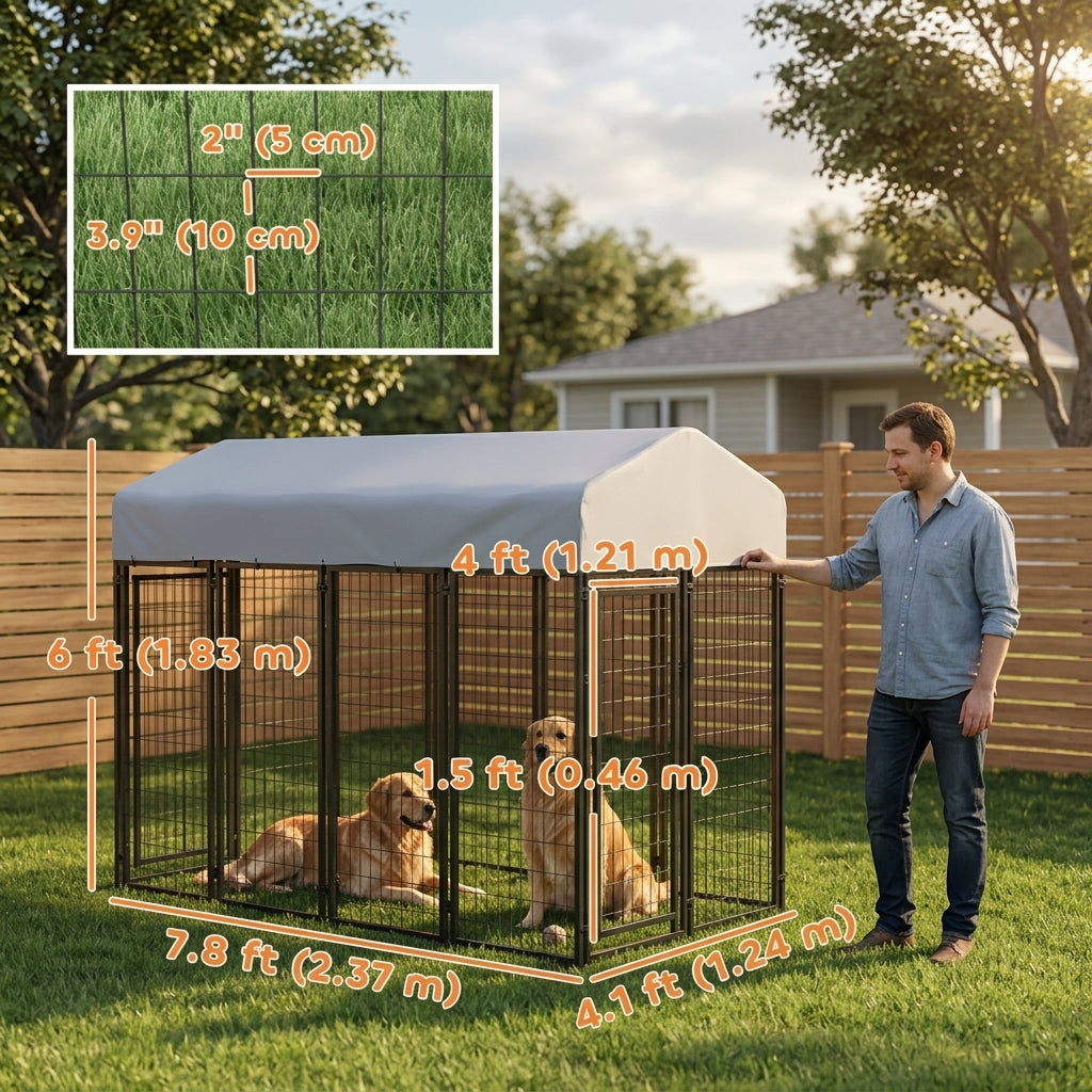Outdoor Dog Kennel with Two-Room Design, Water-Resistant & Sun-Proof Cover, for S, M, L Dogs, 8' x 4' x 6'
