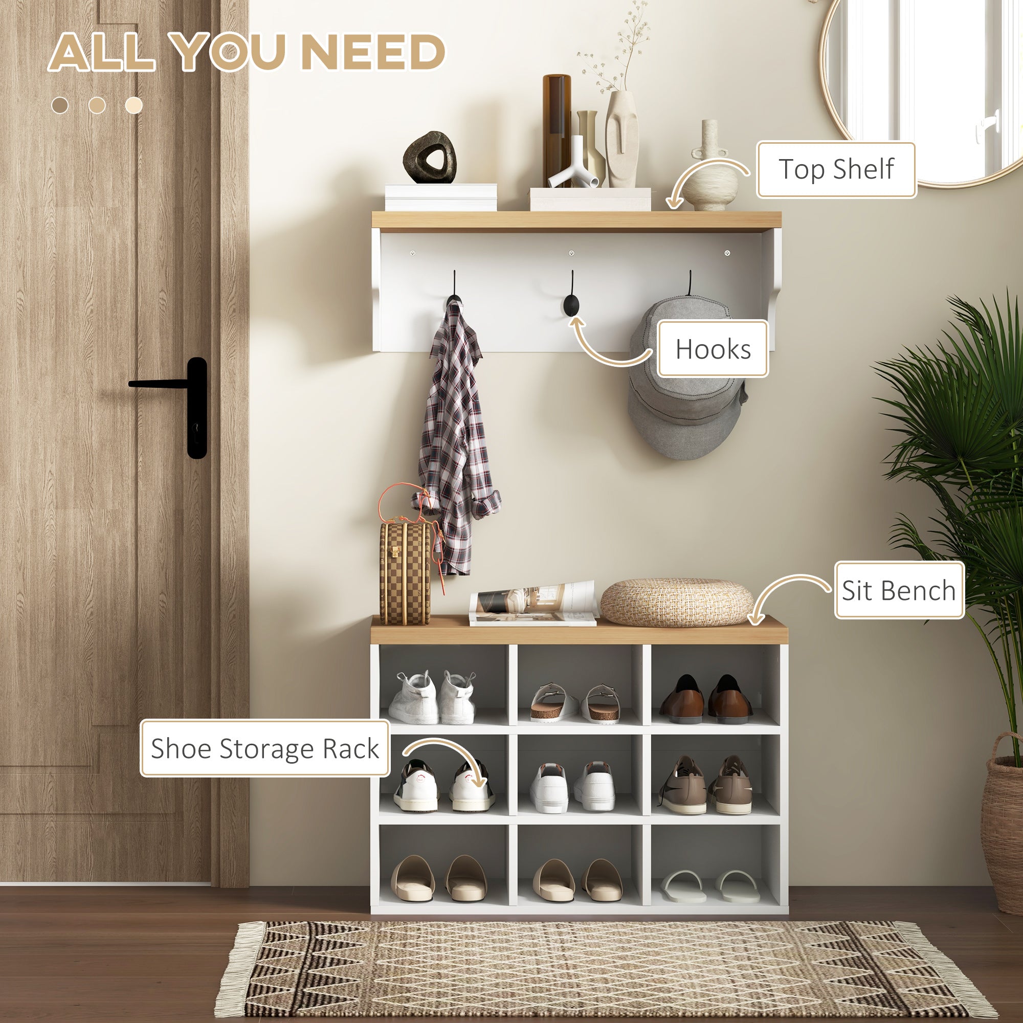 2-in-1 Coat Rack Shoe Bench Set, 5-Hook Hall Tree with Bench and Shoe Storage for 9 Pairs of Shoes for Entryway, Hallway, White